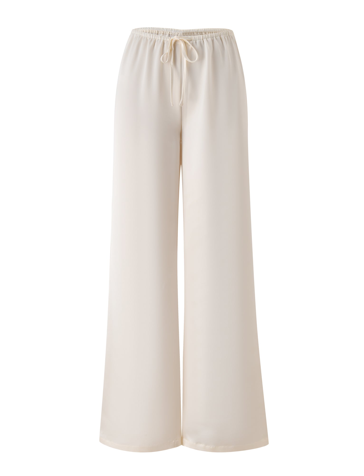 TIGERMIST MAURA PANT in white features a high-waisted, wide-leg silhouette crafted from drapey satin with an elastic waistband and adjustable drawstring tie, shown against a white background.