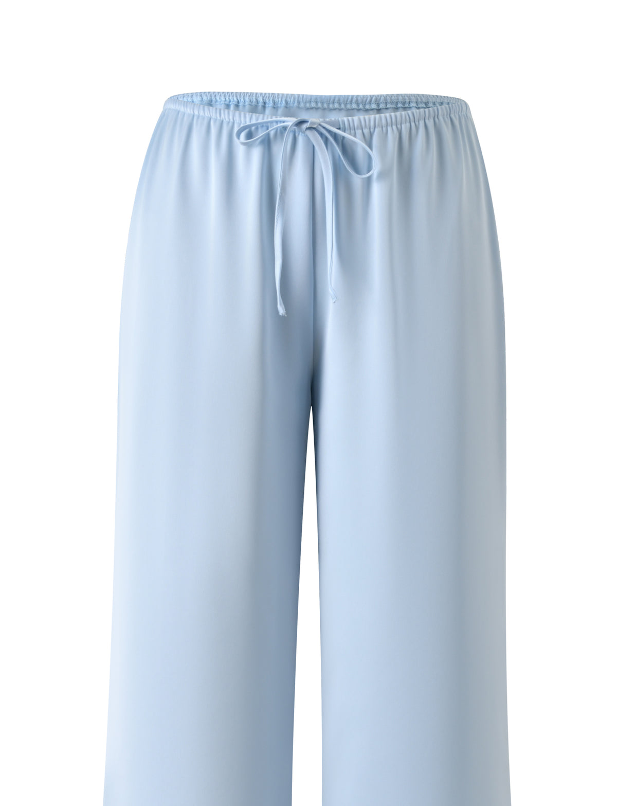 The MAURA PANT - SKY by TIGERMIST features wide legs, an elastic waistband with a drawstring, and smooth, slightly shiny satin fabric in sky blue, shown against a white background for a stylish look.