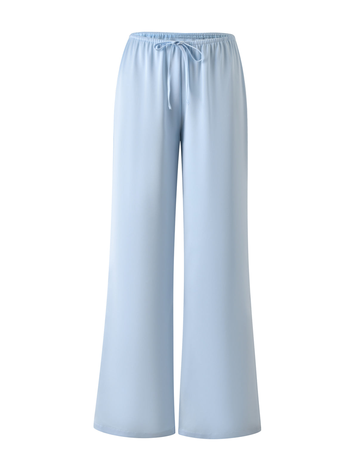 The MAURA PANT - SKY by TIGERMIST features wide legs, a soft satin finish, and an elastic adjustable waistband with a drawstring tie, shown on a plain white background.