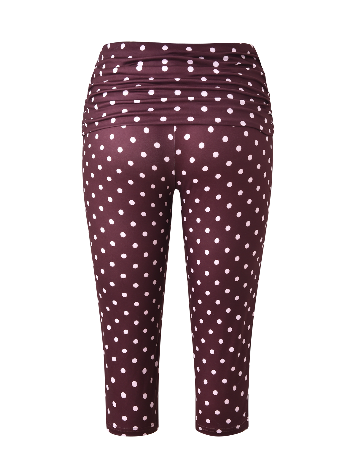 The TIGERMIST VALI POLKA DOT CAPRI features a chocolate base with pink polka dots, a high ruched foldover waistband, and is displayed against a plain white background.