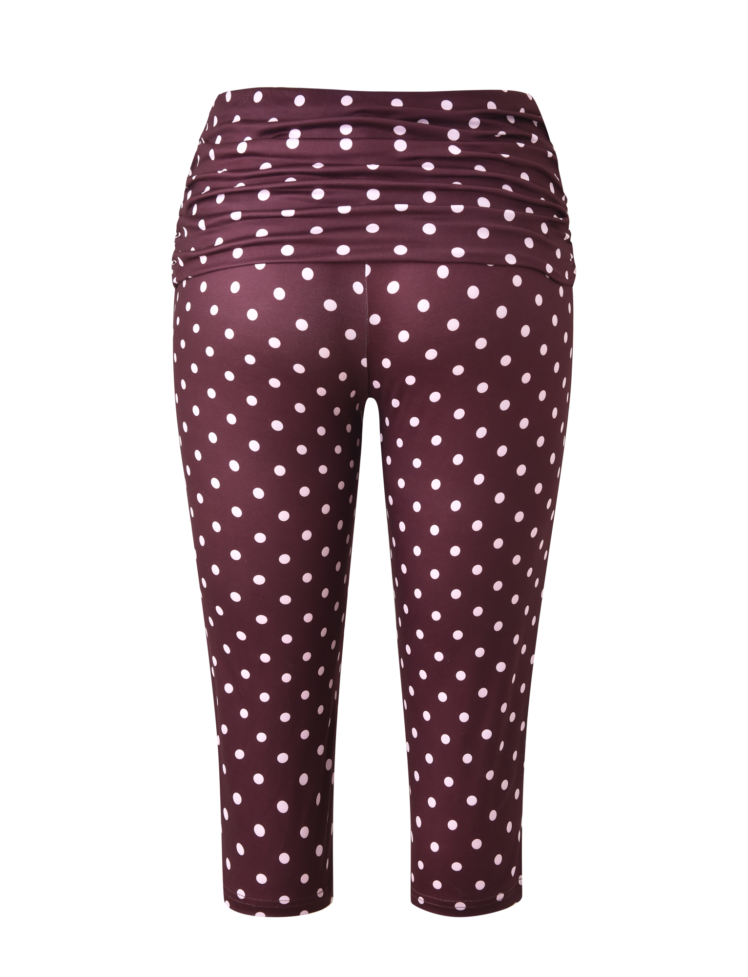 The TIGERMIST VALI POLKA DOT CAPRI features a chocolate base with pink polka dots, a high ruched foldover waistband, and is displayed against a plain white background.