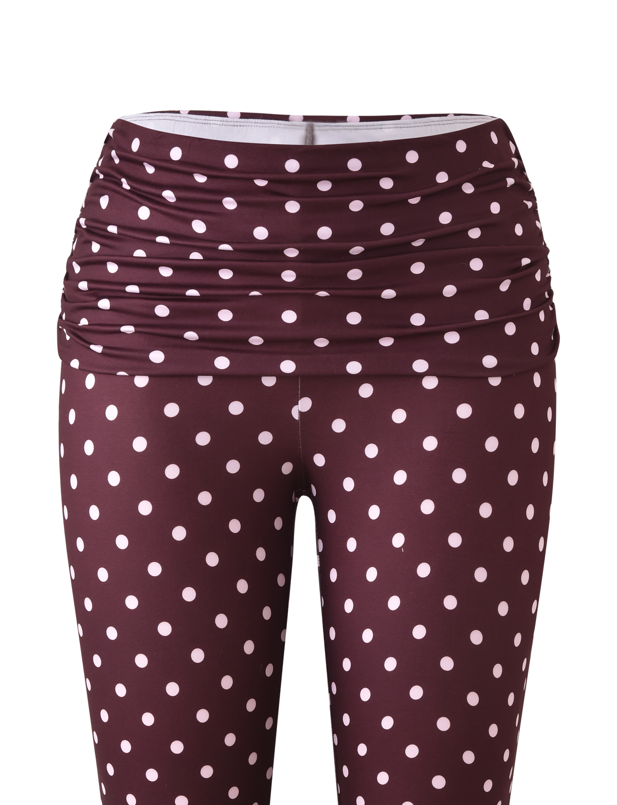 Front view of TIGERMIST's VALI POLKA DOT CAPRI - CHOCOLATE PINK DOT, high-waisted capri leggings with a foldover waistband and chocolate background with pink polka dots.