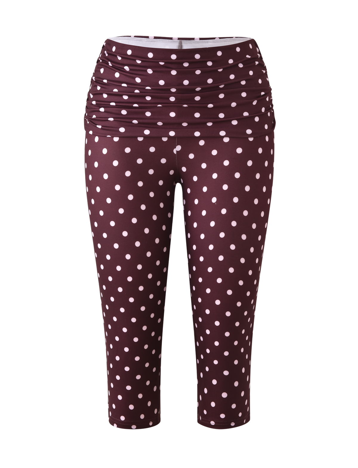 The TIGERMIST VALI POLKA DOT CAPRI in chocolate with pink dots features a playful print and ruched foldover waistband, shown against a plain white background.