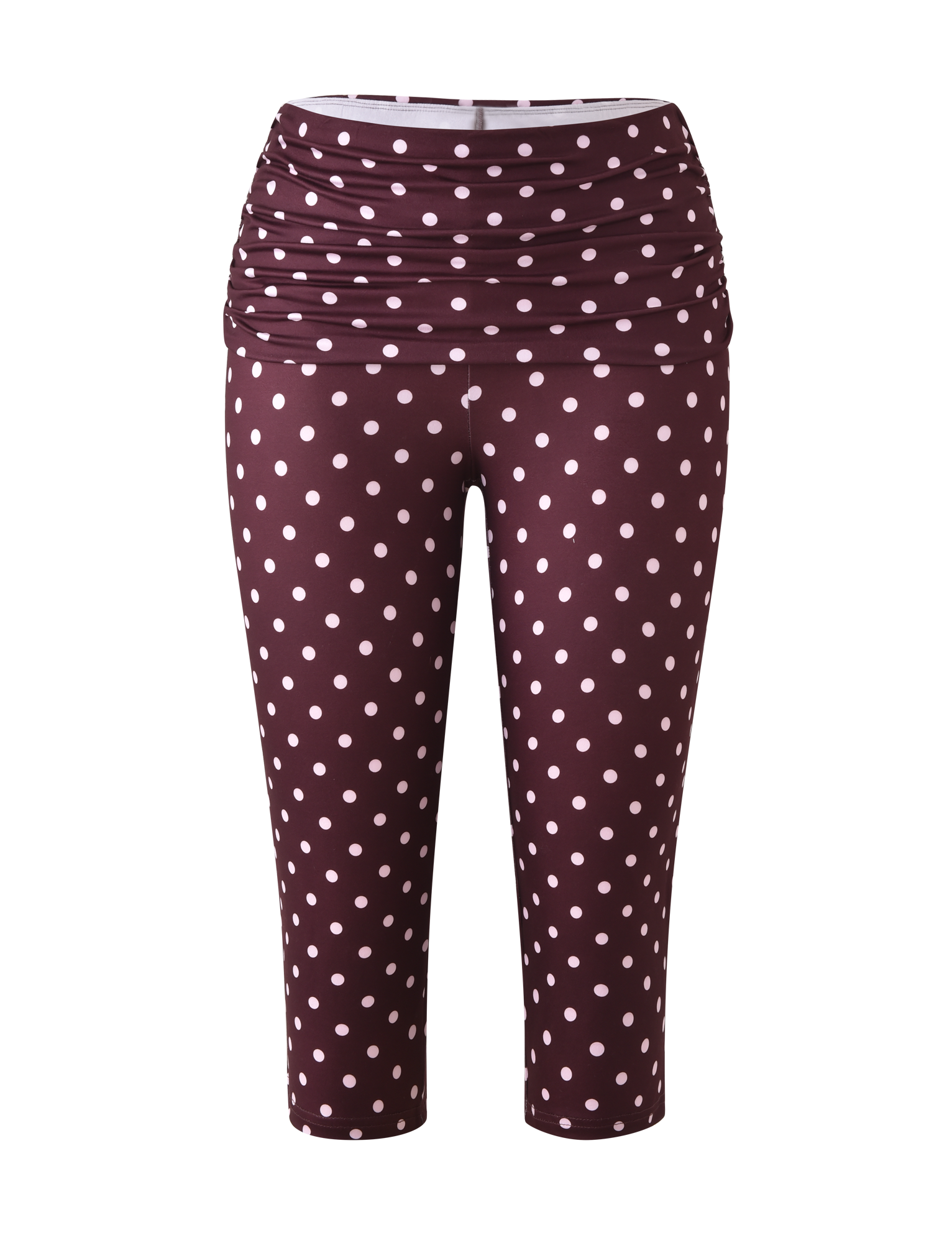The TIGERMIST VALI POLKA DOT CAPRI in chocolate with pink dots features a playful print and ruched foldover waistband, shown against a plain white background.