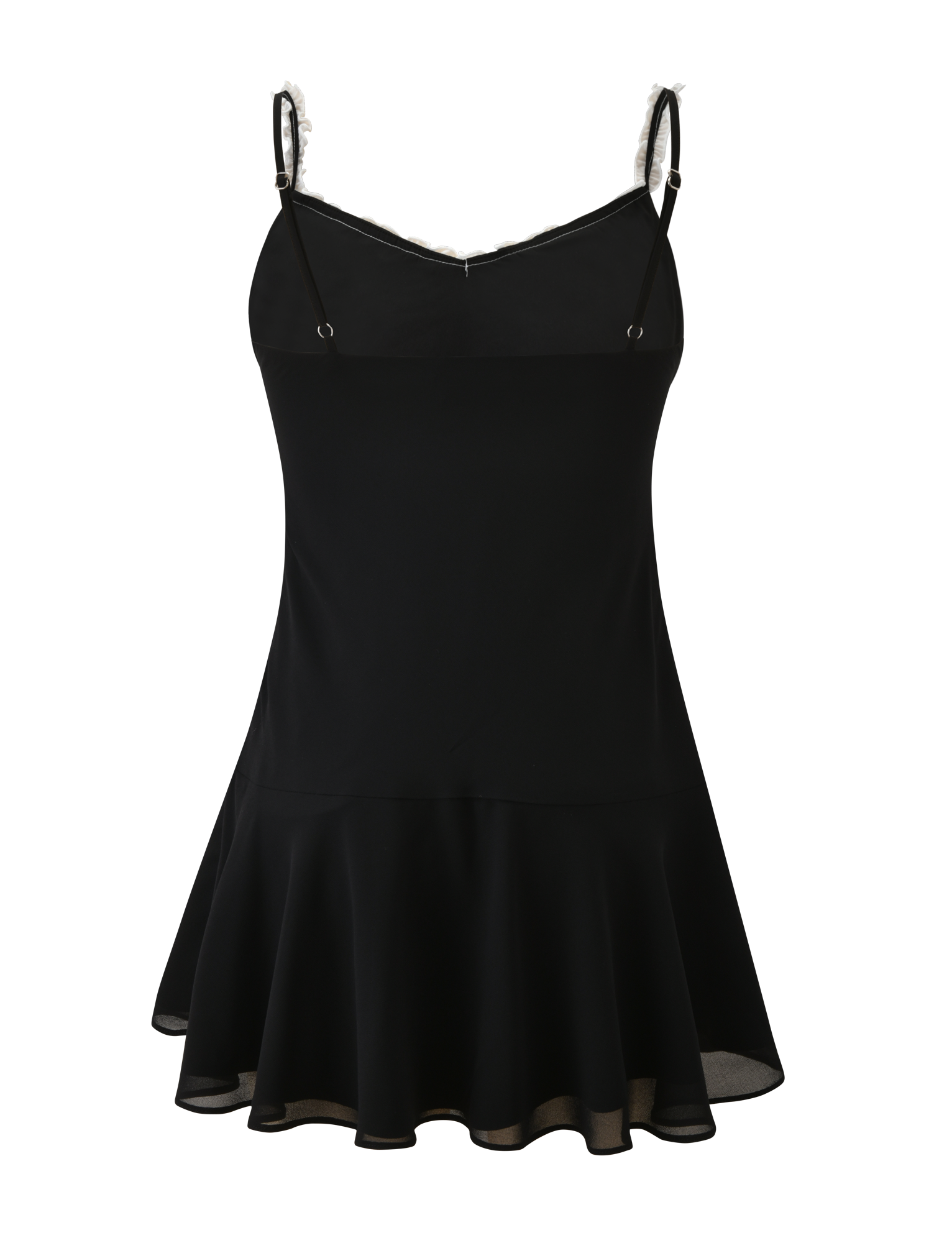 The TIGERMIST ARIANNE MINI DRESS in black features thin straps, a fitted bodice, sweetheart neckline, white lace trim, and a flared ruffled hem. The sleeveless dress is shown against a white background.