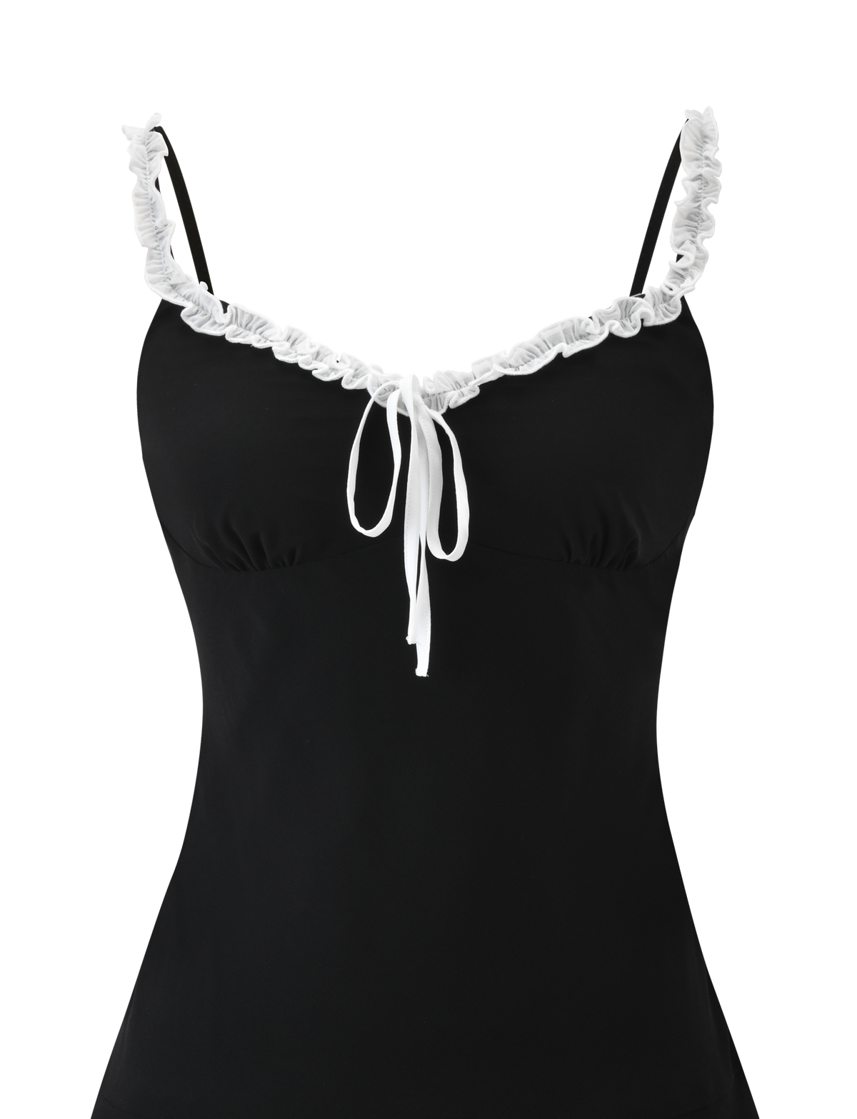 The ARIANNE MINI DRESS - BLACK by TIGERMIST is a black mini dress with thin straps, a sweetheart neckline trimmed with white ruffles, and a front tied bow.