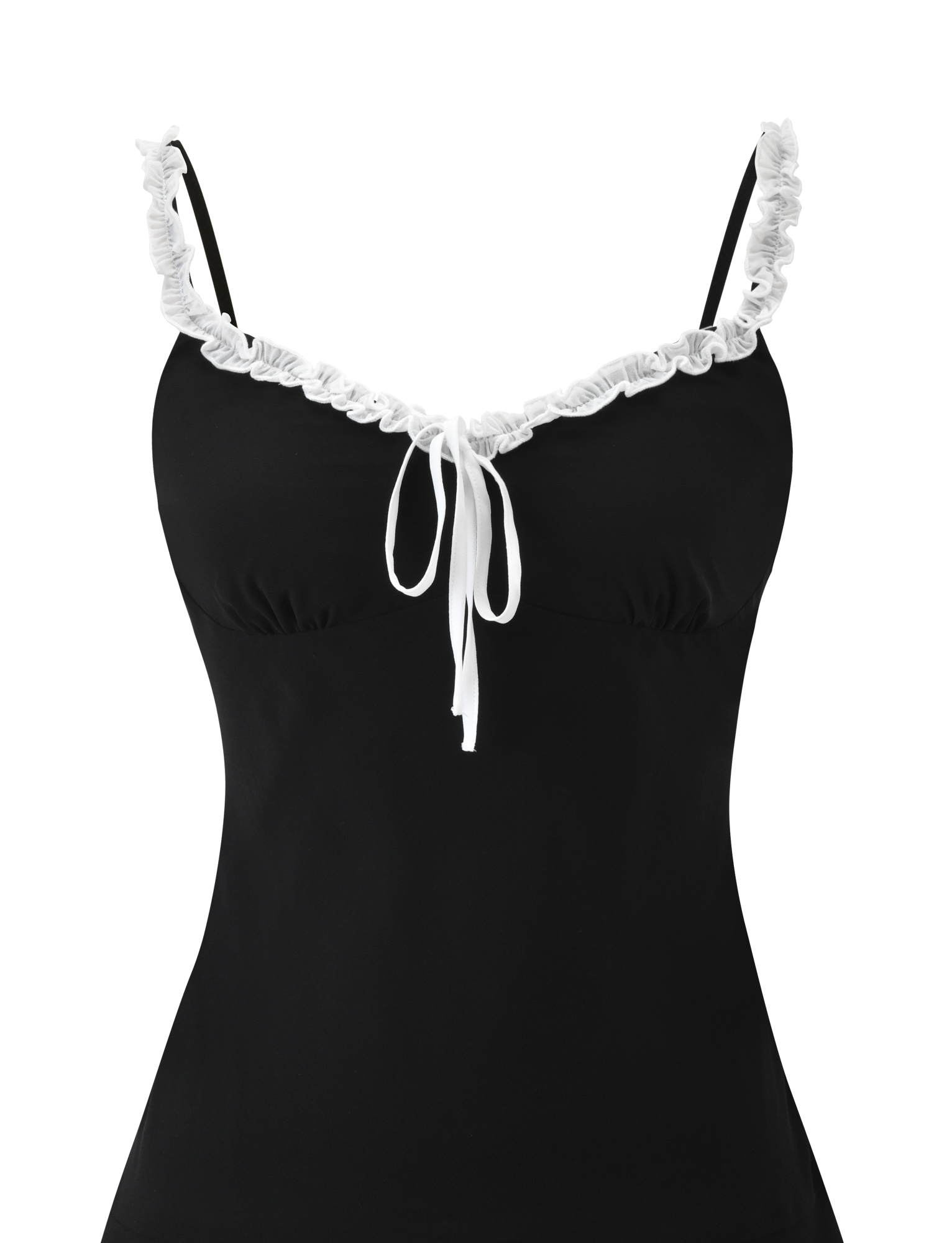 The ARIANNE MINI DRESS - BLACK by TIGERMIST is a black mini dress with thin straps, a sweetheart neckline trimmed with white ruffles, and a front tied bow.