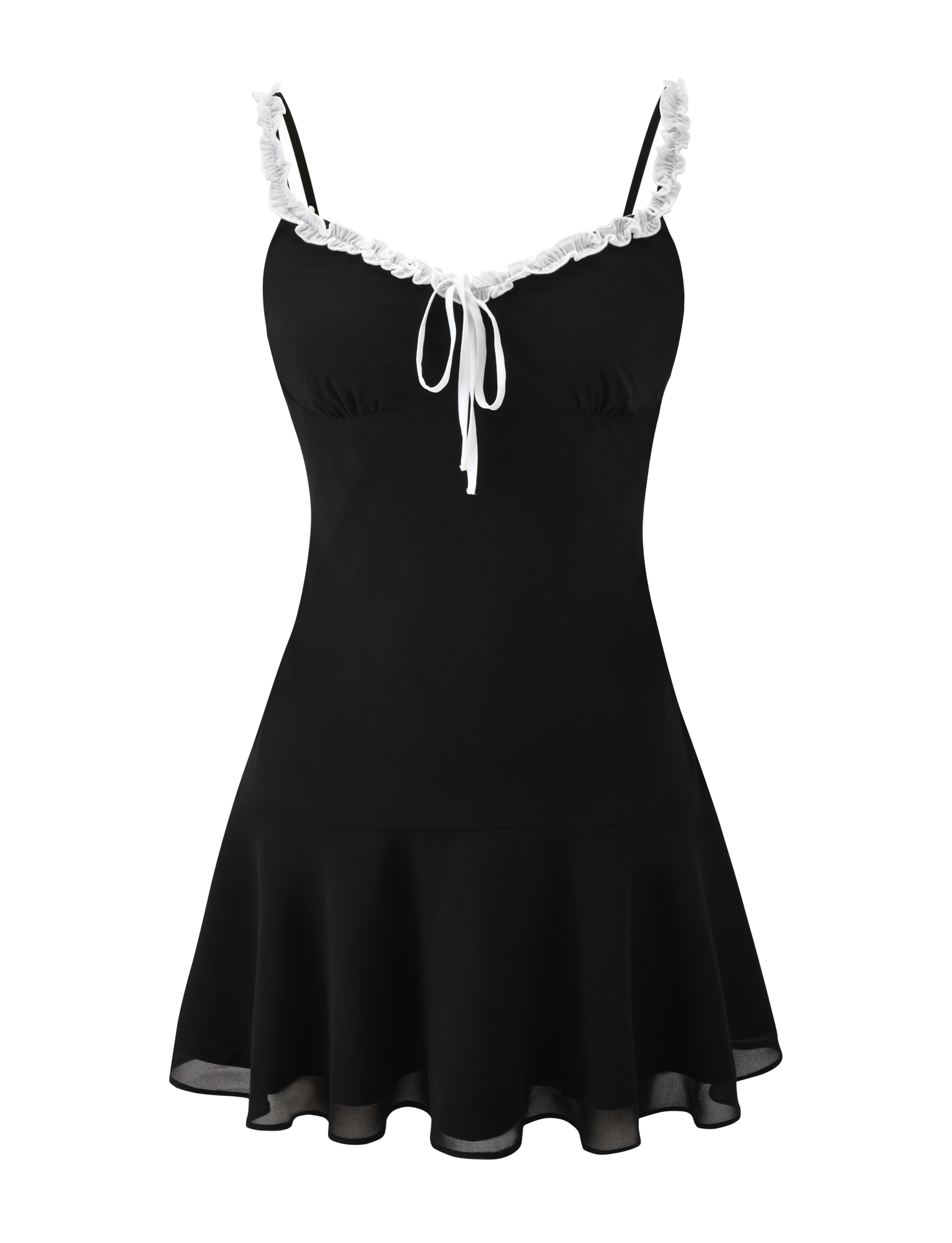 The TIGERMIST ARIANNE MINI DRESS in black showcases a flared skirt, white ruffle trim on the sweetheart neckline, and a cute white bow at the chest.