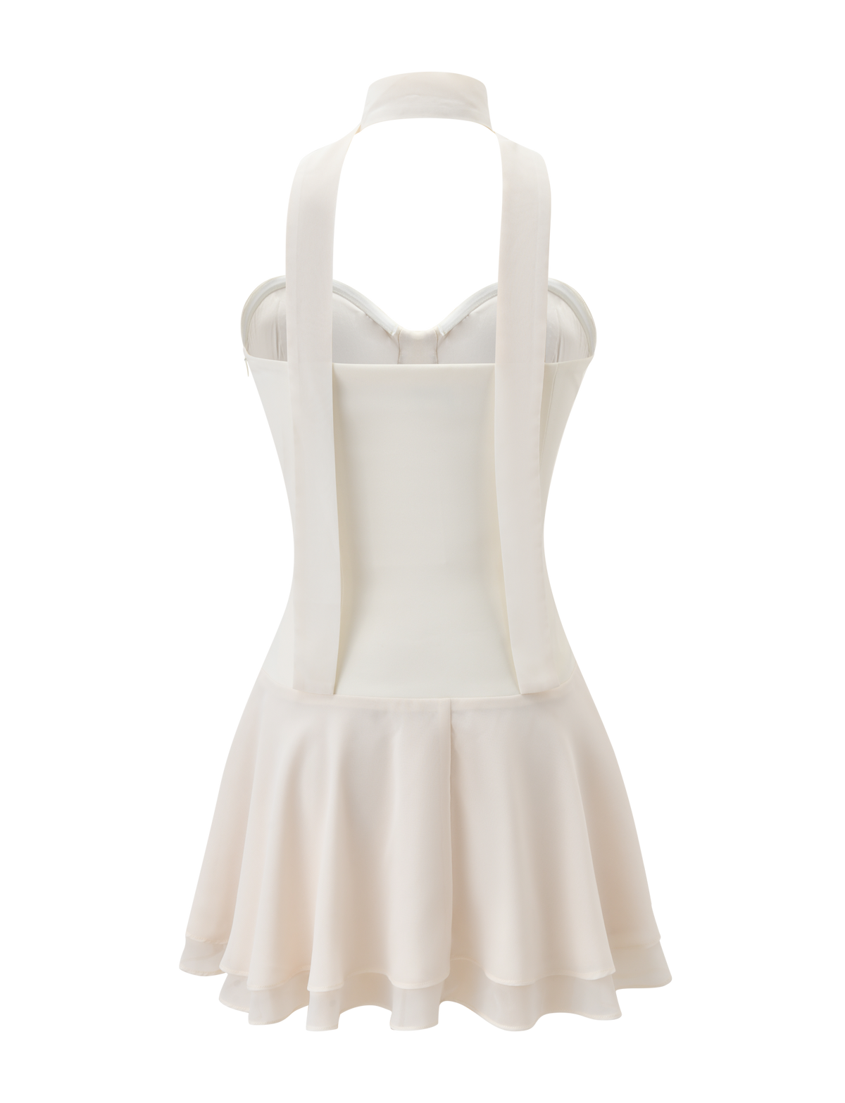 Back view of the TIGERMIST CORDELIE MINI DRESS in cream, featuring a sleeveless halter design with long neck ties, corseted bodice, and flared skirt, shown against a plain white background.