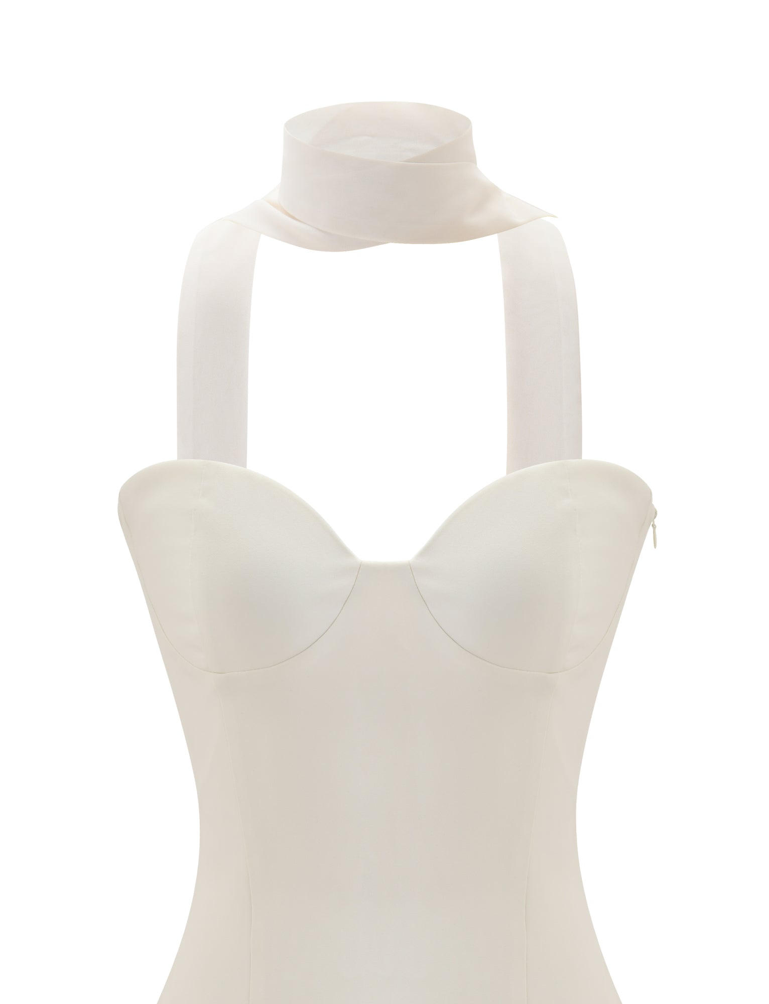 The CORDELIE MINI DRESS - CREAM by TIGERMIST is a white chiffon mini dress with a corseted bodice, sweetheart neckline, and comes with a matching sheer scarf tied around the neck.