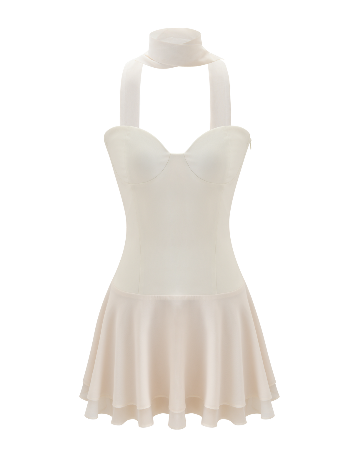 The TIGERMIST CORDELIE MINI DRESS in cream features a sleeveless halter design, corseted bodice, flared skirt, and comes with a matching sheer neck scarf, showcased on a white background.