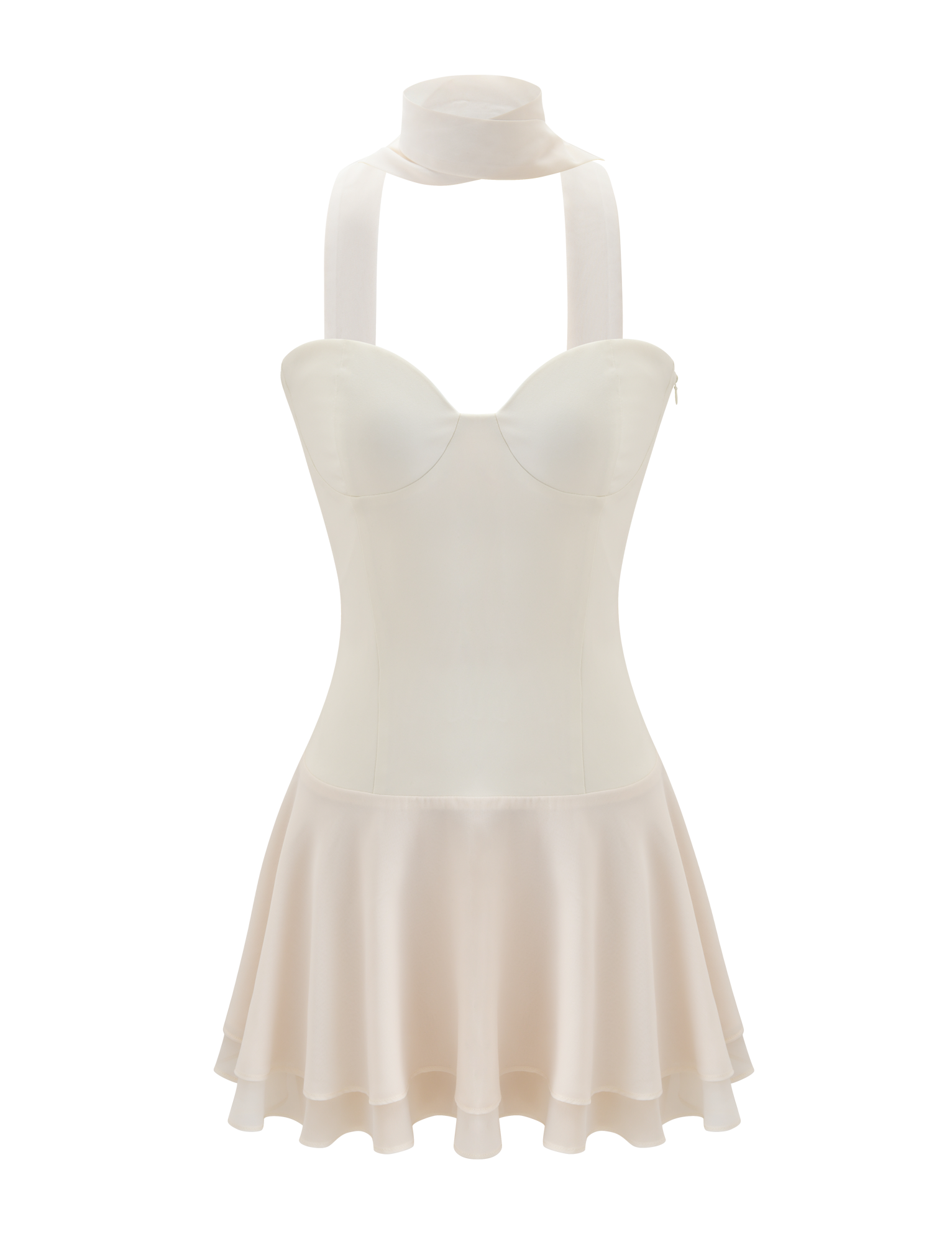 The TIGERMIST CORDELIE MINI DRESS in cream features a sleeveless halter design, corseted bodice, flared skirt, and comes with a matching sheer neck scarf, showcased on a white background.
