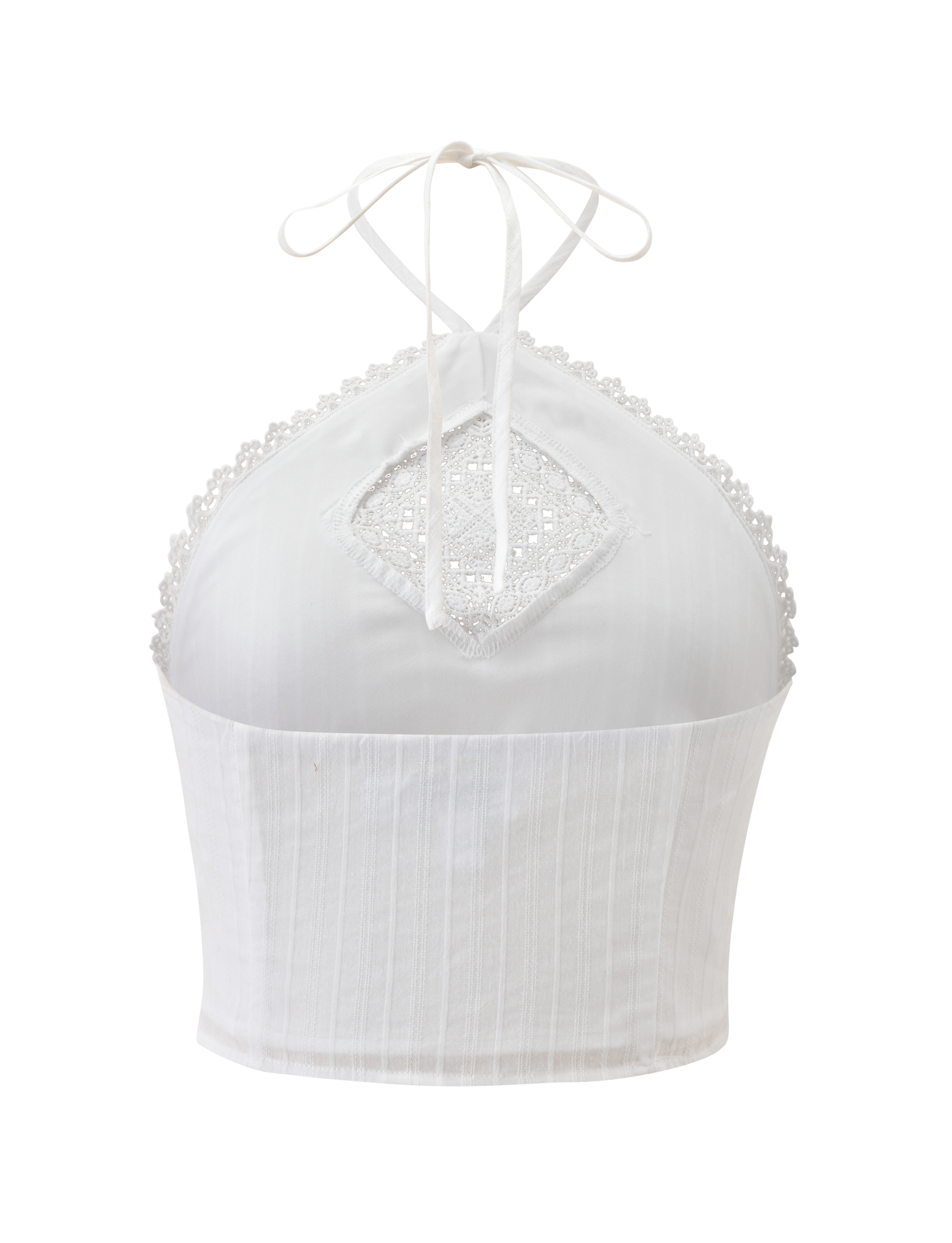 The LILETH TOP - WHITE by TIGERMIST features a halter neck, scallop eyelet trims, diamond lace chest cutout, and thin neck ties. Crafted from textured woven fabric with subtle vertical stripes.