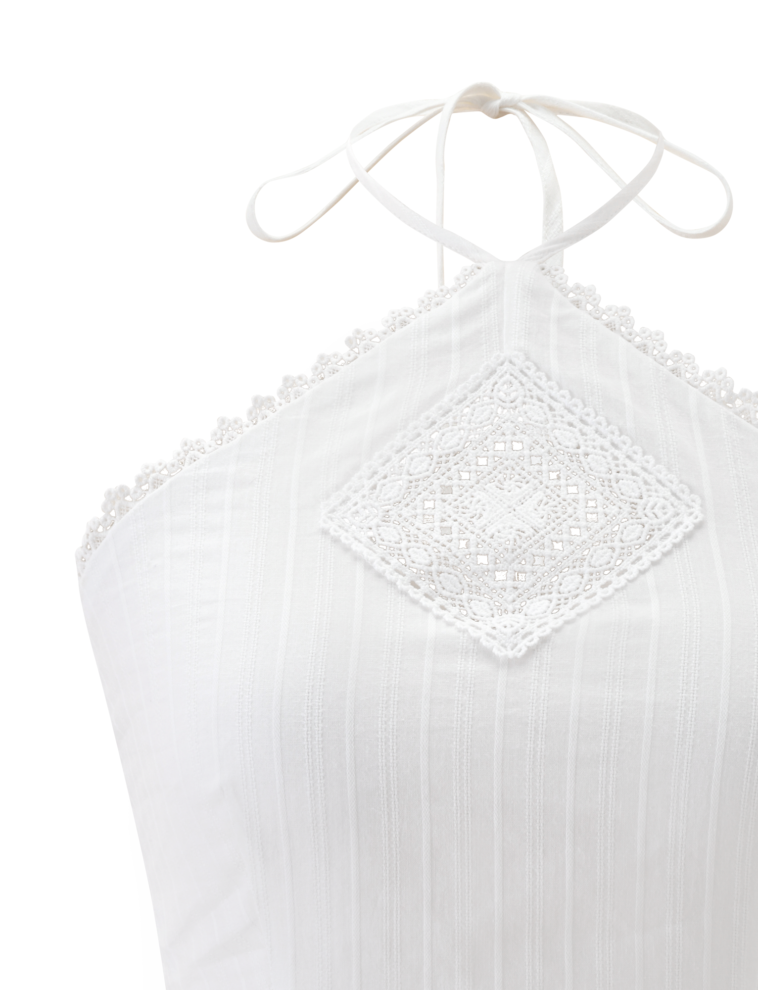 The LILETH TOP - WHITE by TIGERMIST is a white halter neck top in textured woven fabric, featuring lace trim along the neckline, a diamond lace panel at the front, subtle vertical stripes, and scallop eyelet trims.