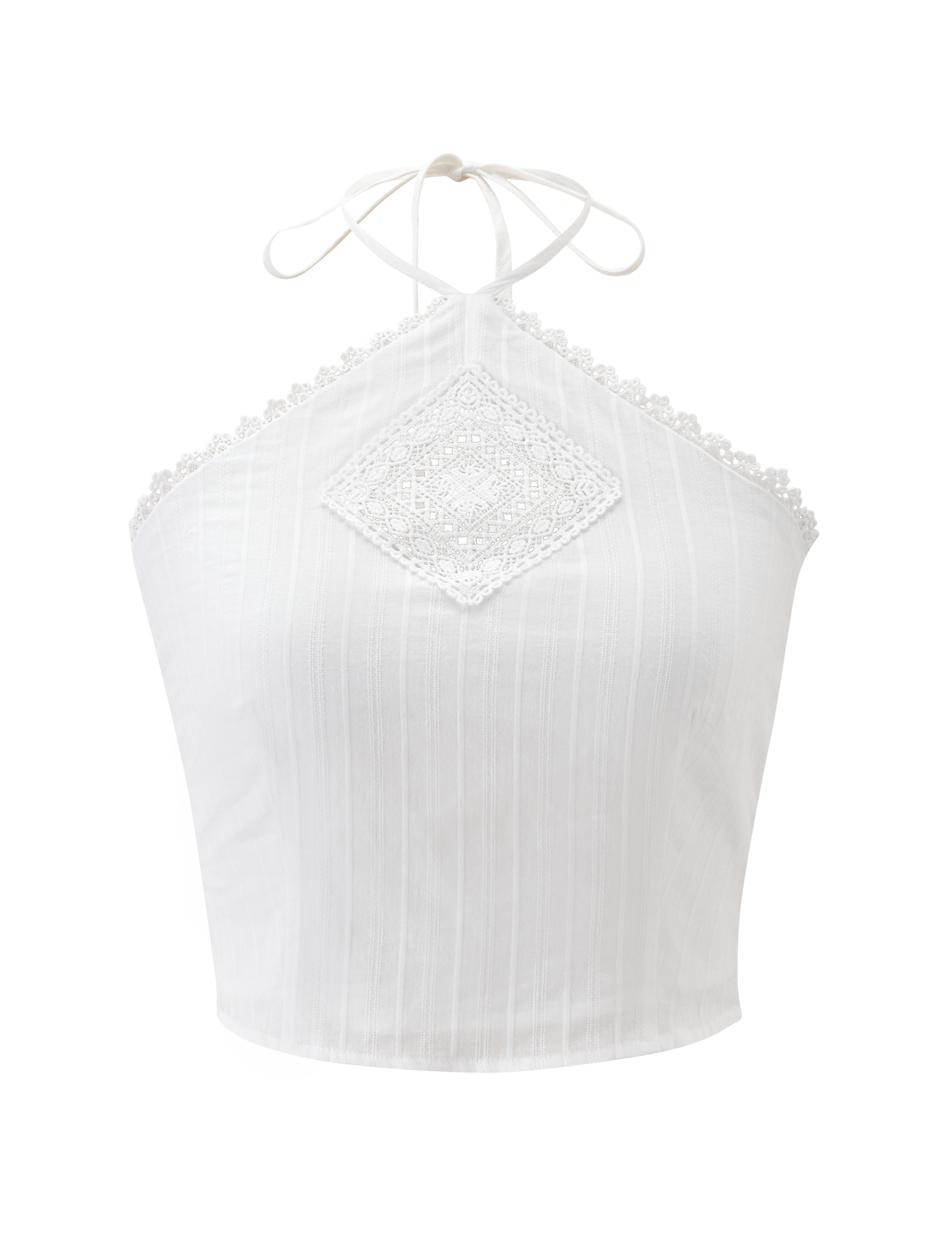 The LILETH TOP in white by TIGERMIST is a halter neck style with thin neck ties, a central lace diamond detail, scallop eyelet trims, and lace along the top edge.
