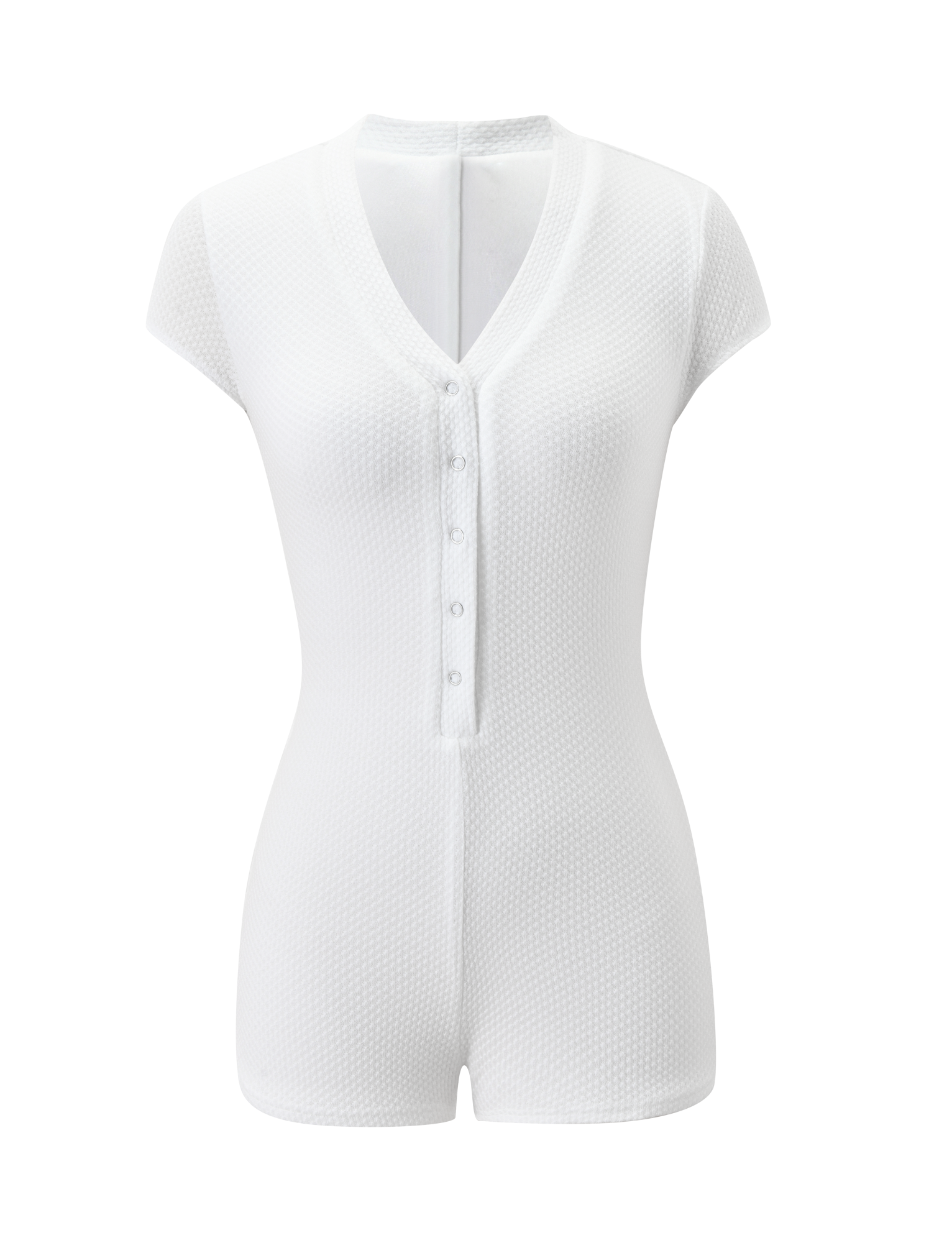 The HILSIE PLAYSUIT - WHITE by TIGERMIST is a textured white V-neck mini romper featuring short sleeves, front button closures, and form-fitting shorts, shown on a plain white background.