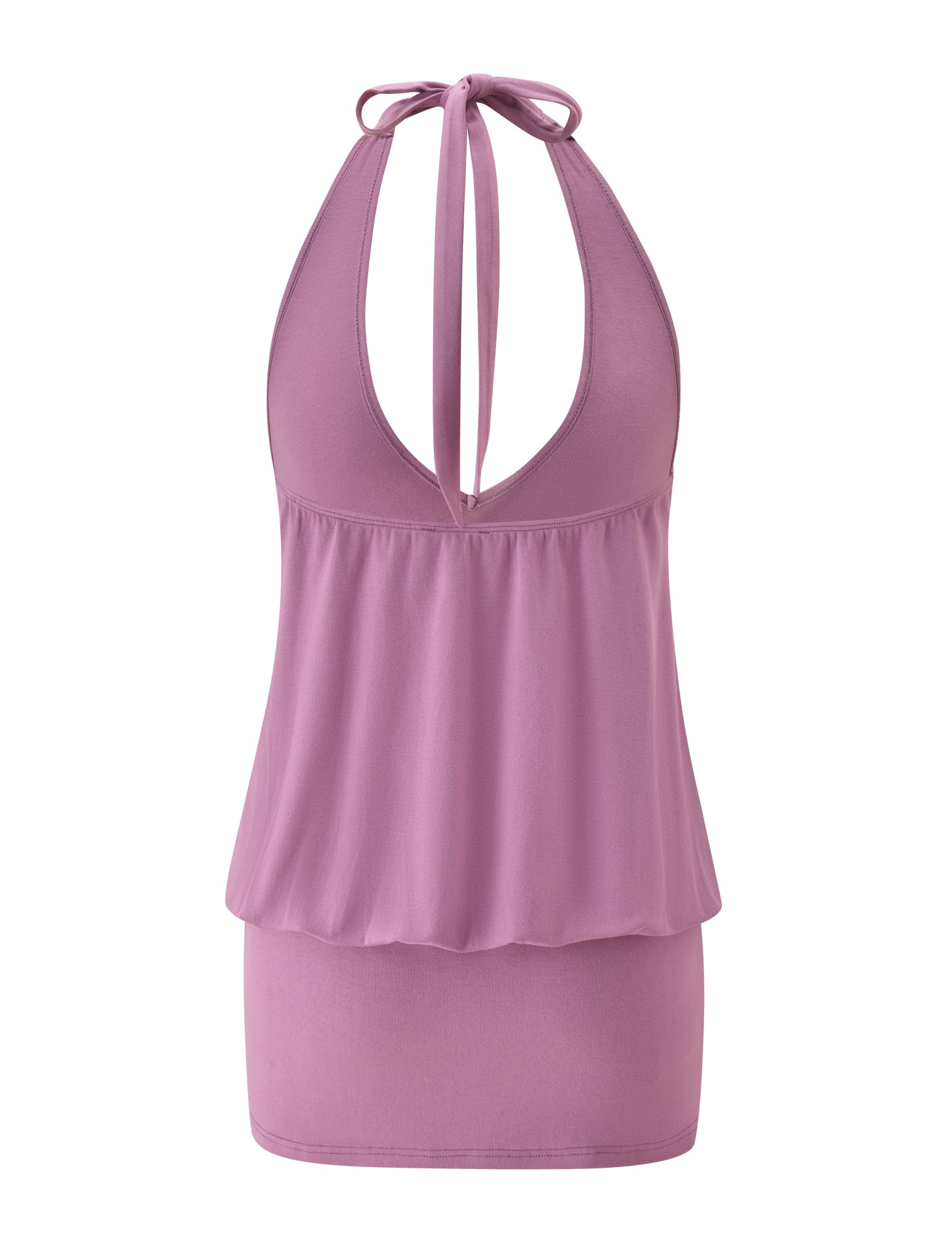 Introducing the ANALEE SKORT MINI DRESS in Plum by TIGERMIST: This sleeveless mini dress features a halter neckline with an elegant tie at the neck and a deep V-cut reminiscent of classic v-neck styles. The upper bodice showcases a blouson drop waist silhouette—flowy and relaxed—while the fitted skort design below creates a flattering, streamlined look.