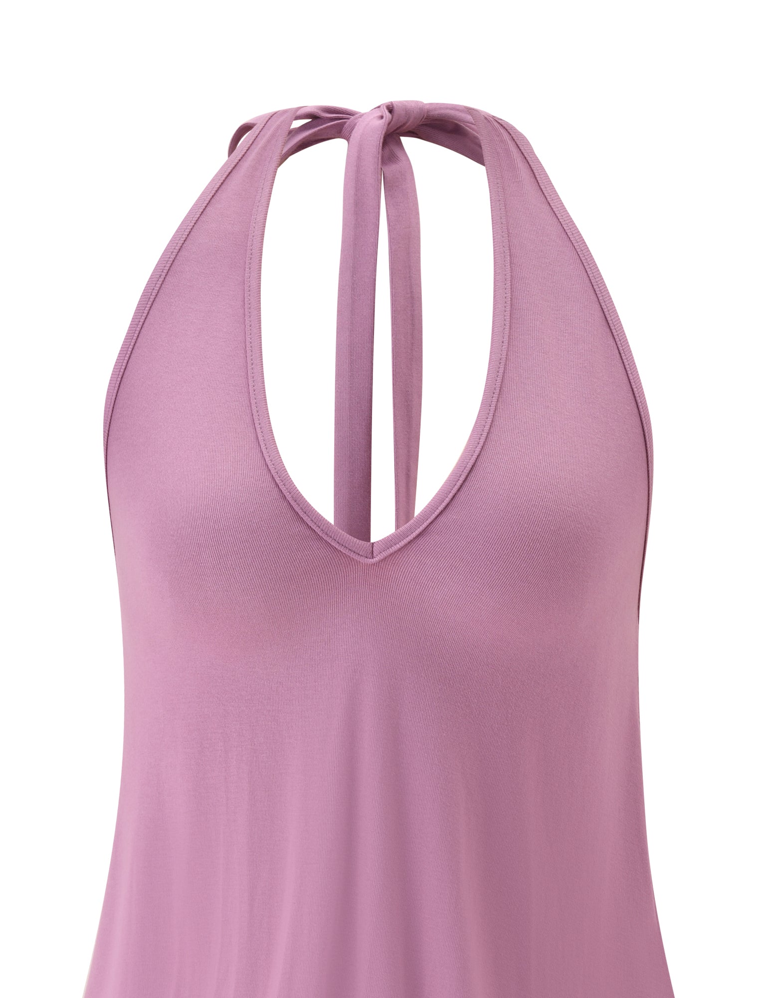 Sleeveless lavender halter top with a round neckline and two fabric ties at the back of the neck, inspired by the elegant silhouette of the TIGERMIST ANALEE SKORT MINI DRESS in Plum.