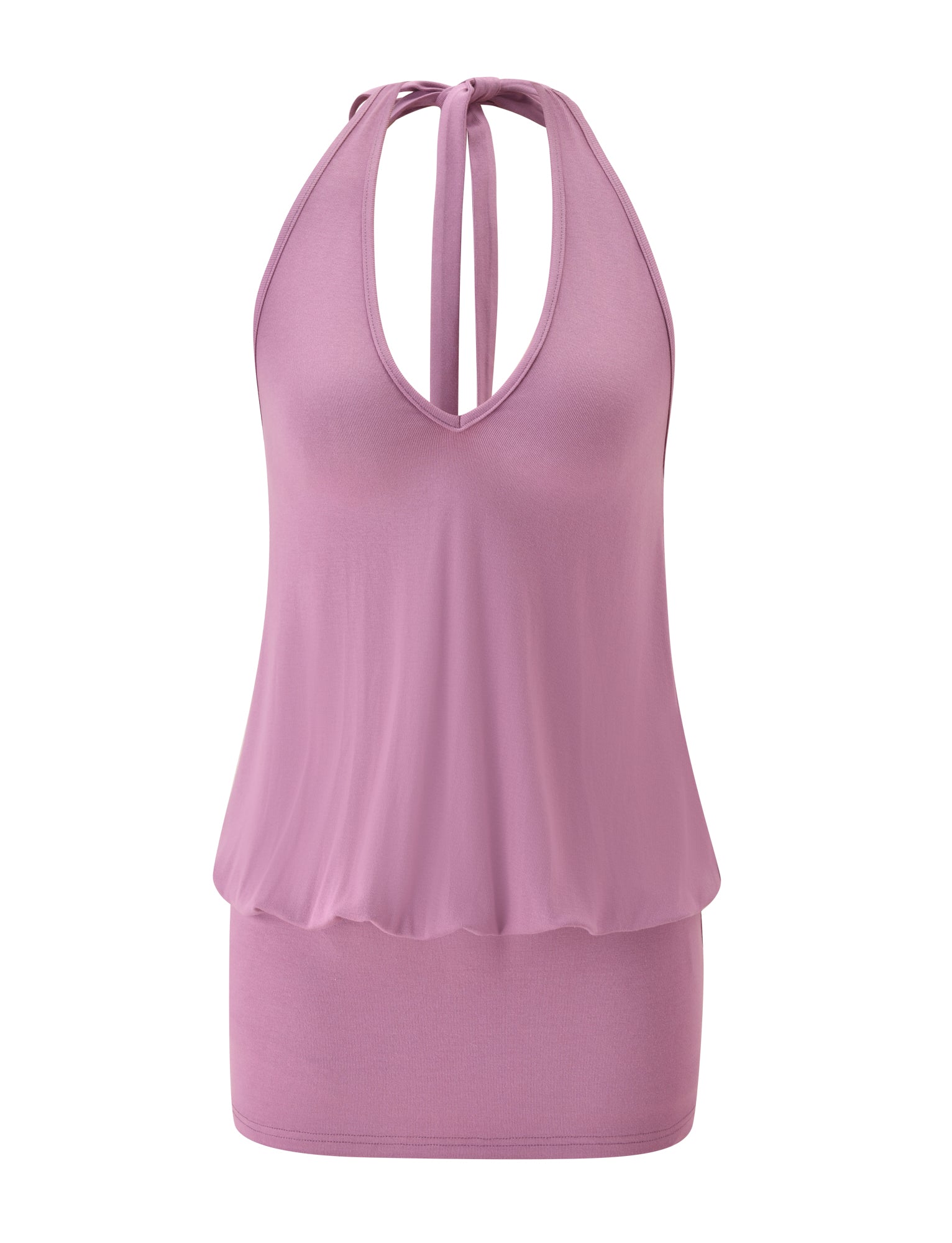 The ANALEE SKORT MINI DRESS by TIGERMIST features a sleeveless, plum halter neckline with a tie at the neck and a loose, blouson drop waist-inspired overlay above a fitted mini skort bottom.