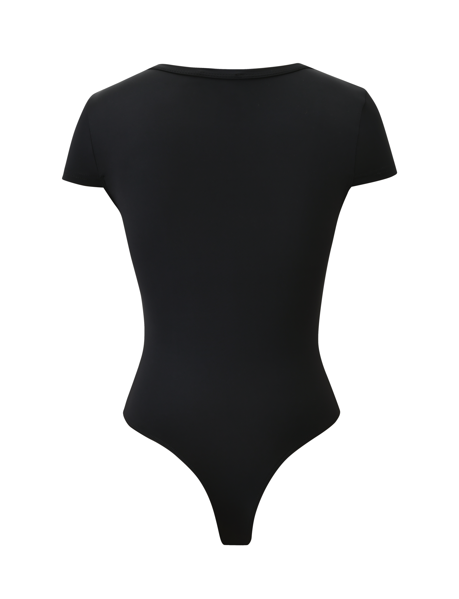 The Tiger Mist CL - JAXX BODYSUIT features a black, smooth, fitted fabric with short sleeves, a crew neckline, and a thong-style back.