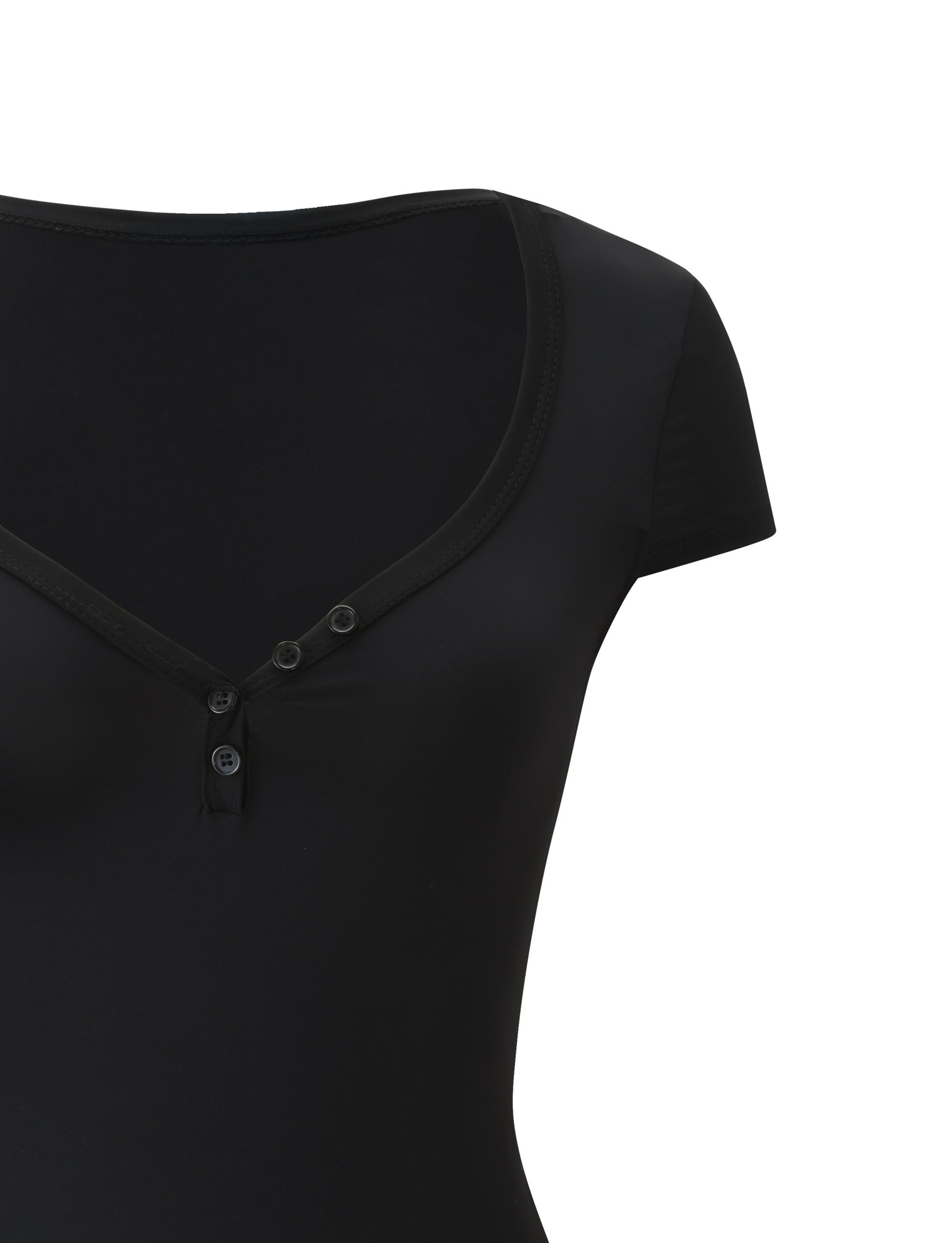 Close-up of the TIGERMIST JAXX BODYSUIT in black, featuring short sleeves, a V-neckline with three buttons, and a thong-back design, displayed against a plain white background.