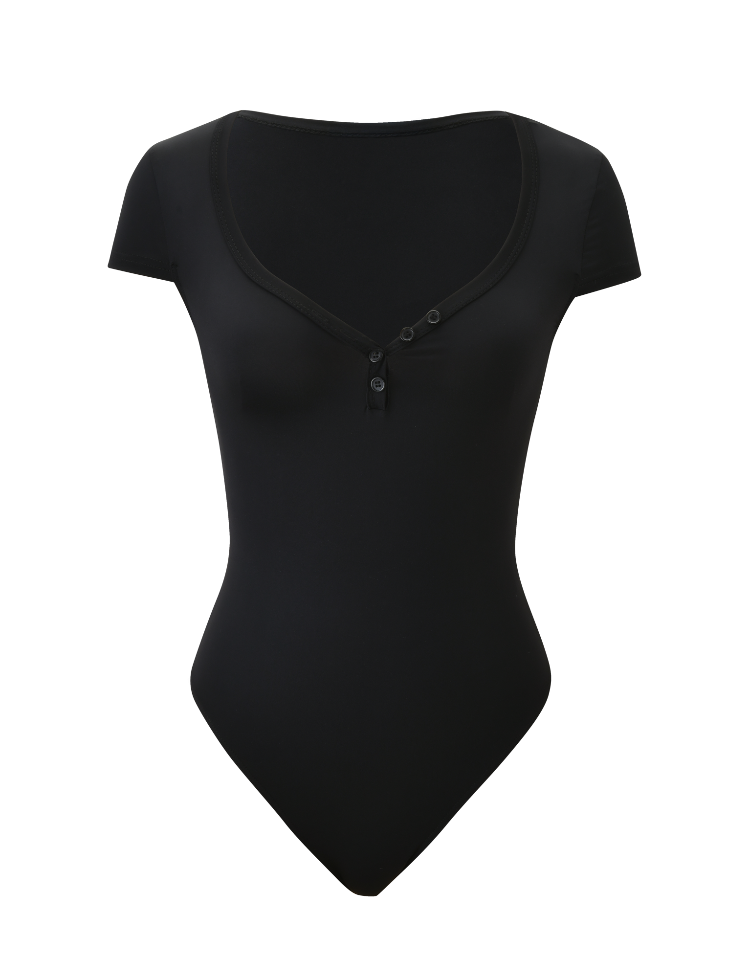 The Tiger Mist CL - JAXX BODYSUIT is a black, short-sleeved bodysuit featuring a scoop neckline and three chest buttons, shown against a plain white background.