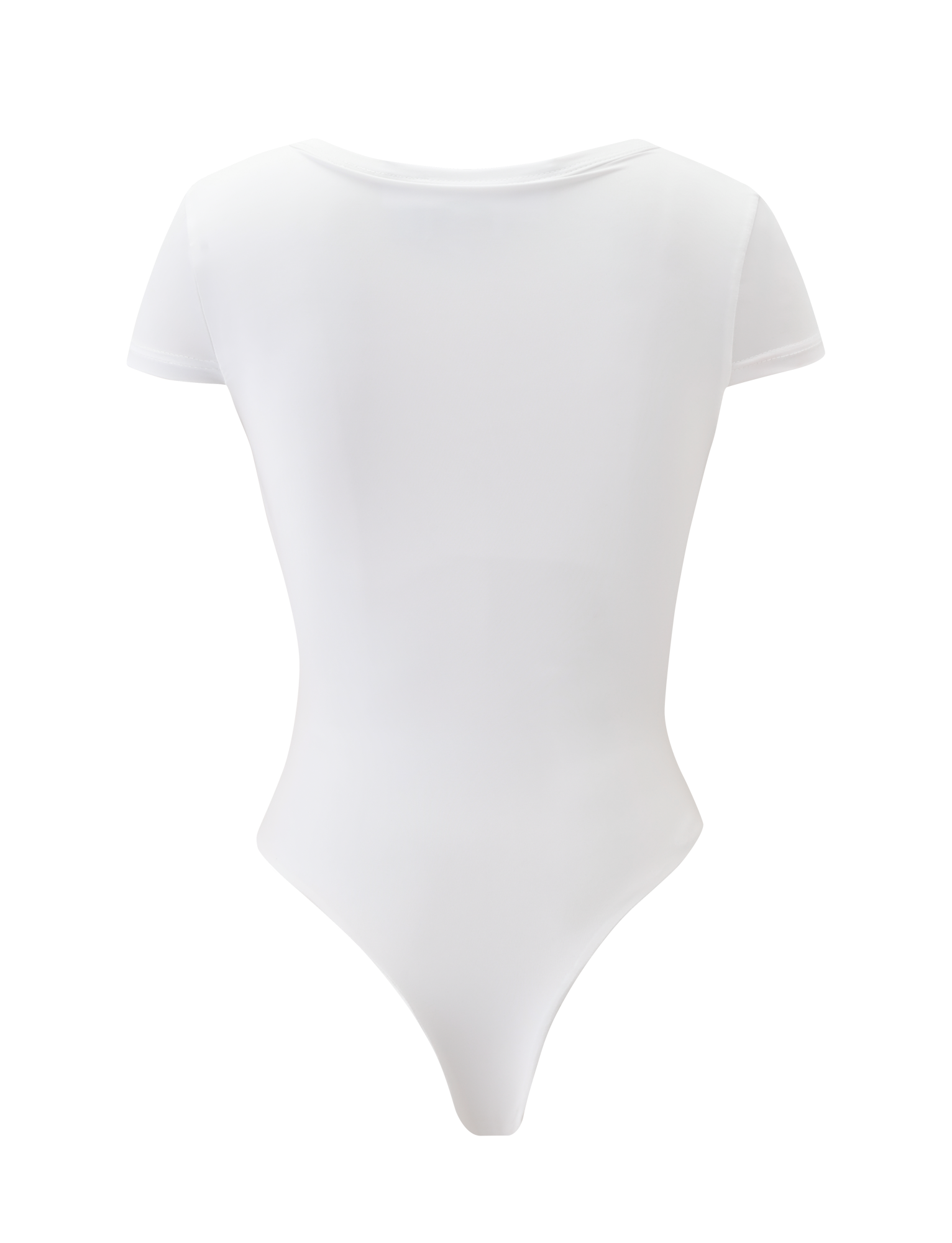 The CL - JAXX BODYSUIT by Tiger Mist is a plain white short-sleeve bodysuit with a crew neckline and a seamless, fitted design, shown from the back.