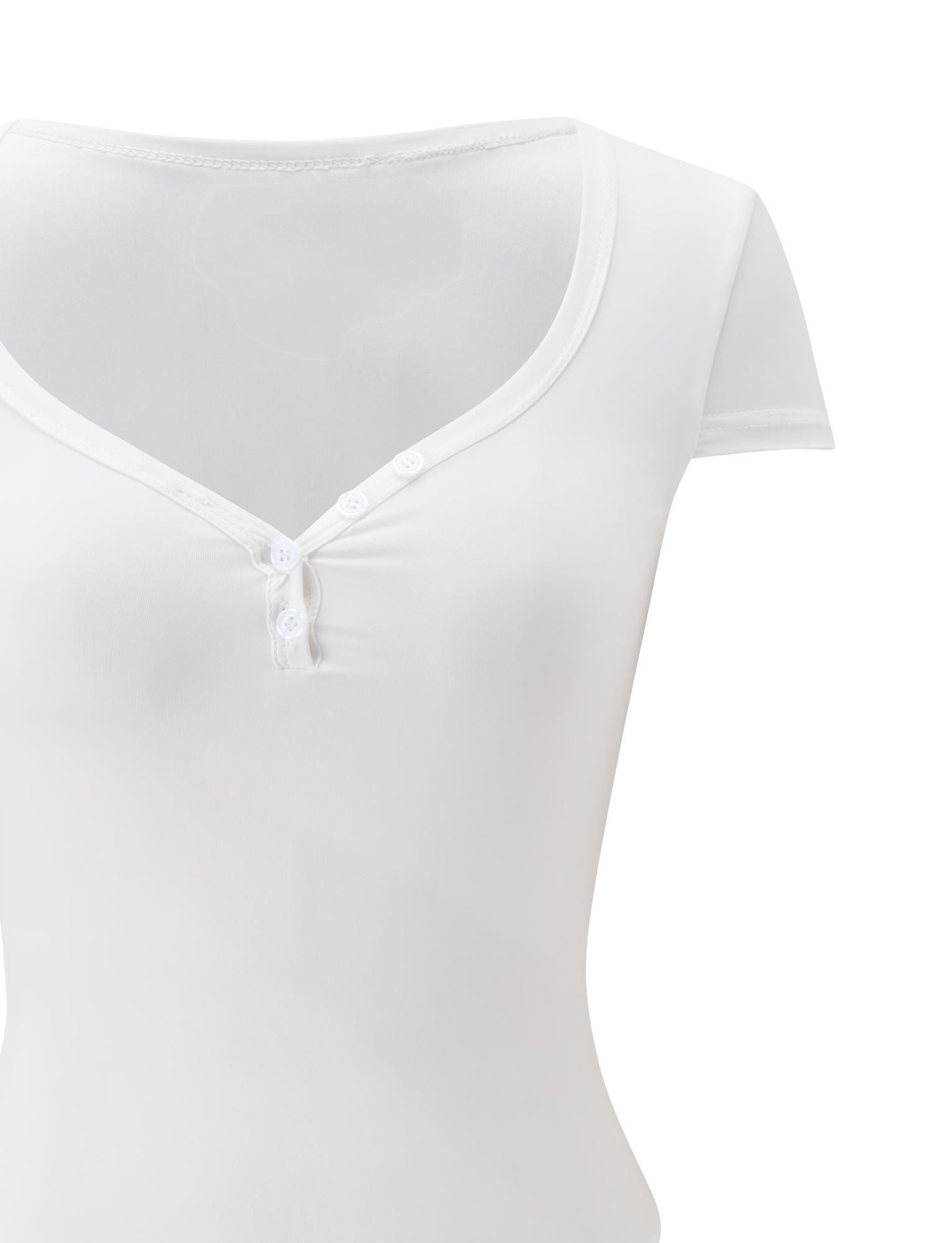 A close-up of the TIGERMIST JAXX BODYSUIT in white, featuring short sleeves and a deep scoop neckline with front buttons, displayed against a plain white background.