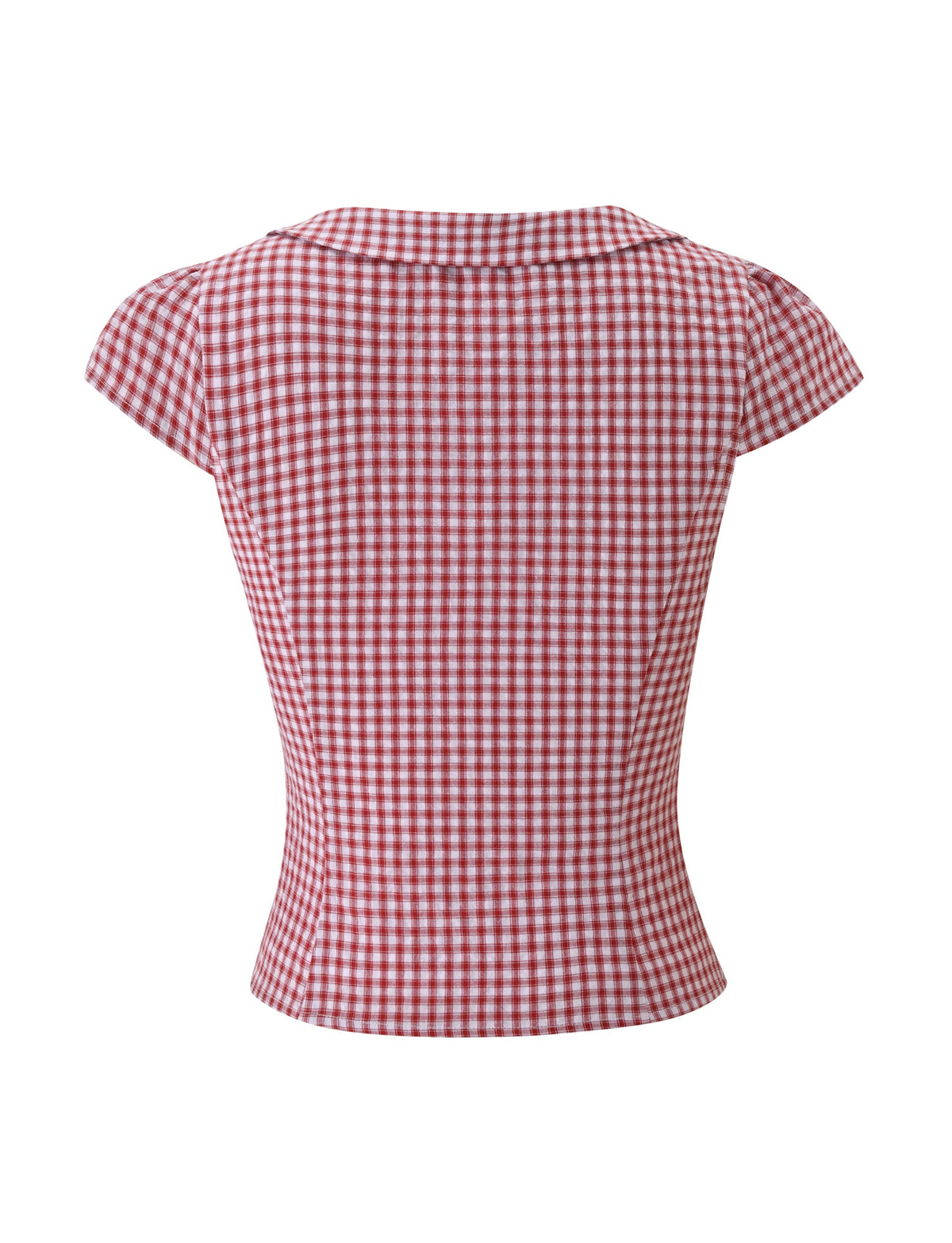 The KENSIE TOP - RED GINGHAM by TIGERMIST is a red and white gingham short-sleeve blouse with a fitted silhouette, a small collar, and back detailing. This charming top is perfect for summer days, offering effortless style and classic appeal.