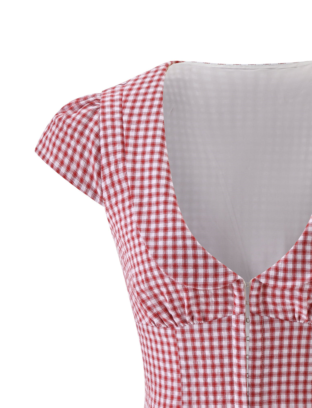 Close-up of the KENSIE TOP in red gingham by TIGERMIST, featuring cap sleeves, a deep V-neckline, and front button detailing.