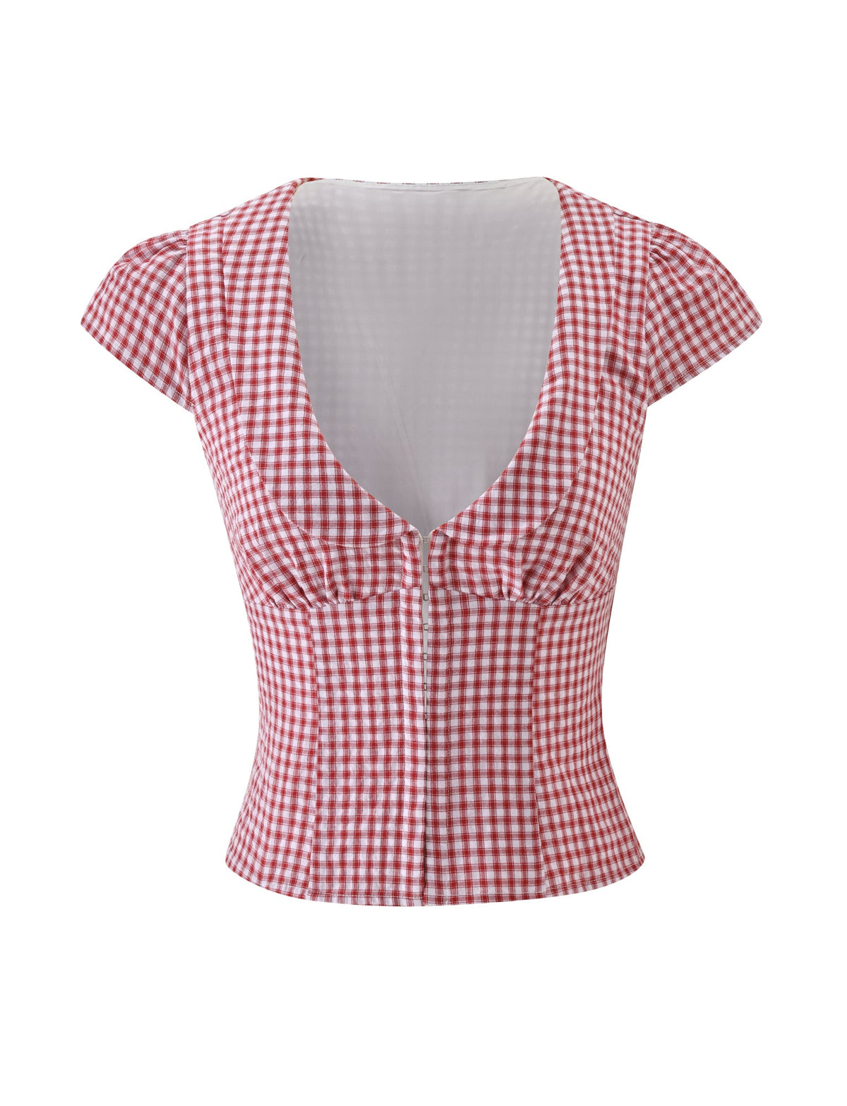 The TIGERMIST KENSIE TOP in red gingham showcases cap sleeves and a deep V-neckline with a fitted waist, presented against a white background.