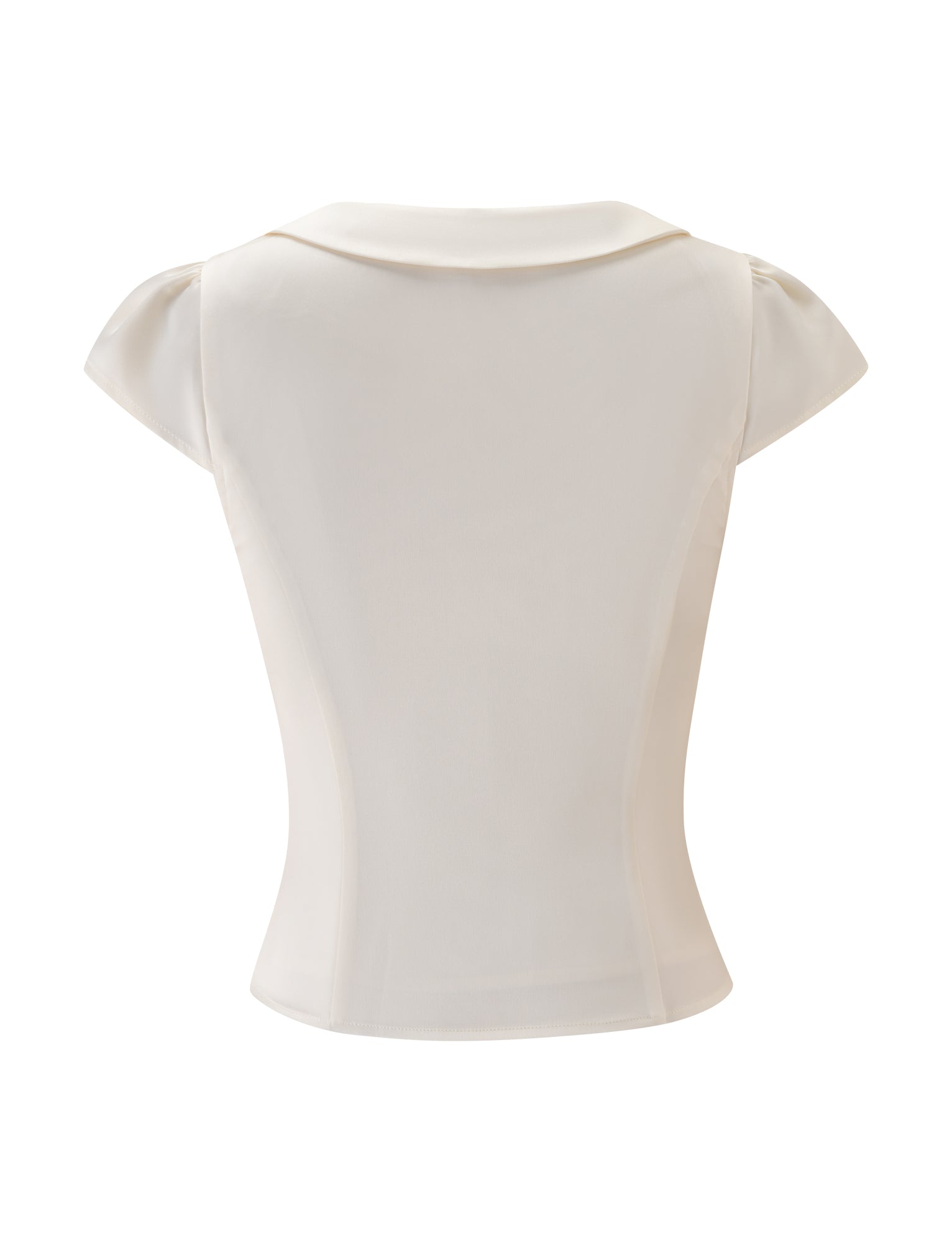 Back view of the TIGERMIST MAURA TOP in white—a short-sleeve blouse featuring a rounded collar and a fitted silhouette with delicate princess seams, displayed against a white background.