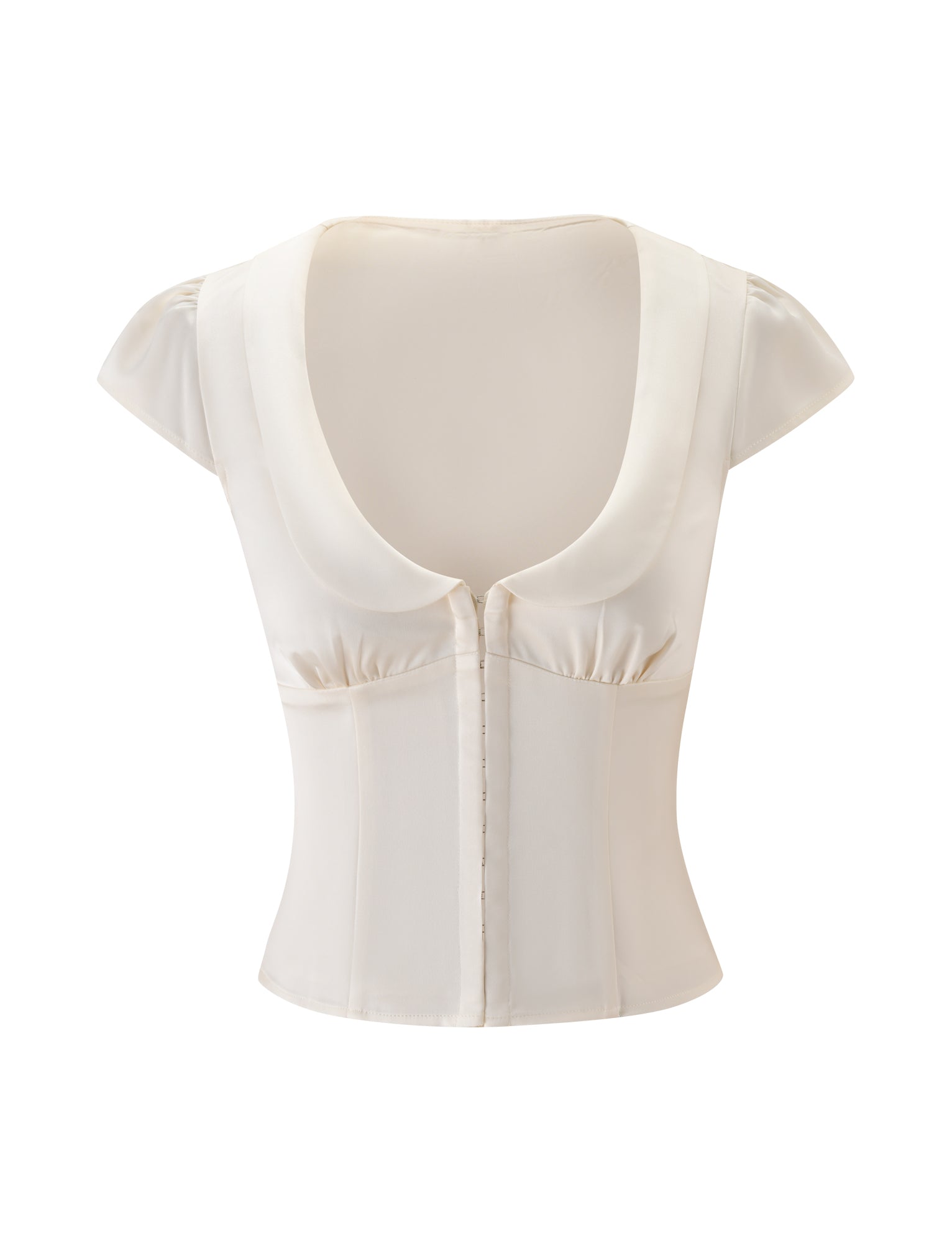 The MAURA TOP - WHITE by TIGERMIST is a short-sleeve satin blouse featuring a deep scooped neckline, princess seams for a flattering silhouette, and front button detailing, shown against a plain white background.