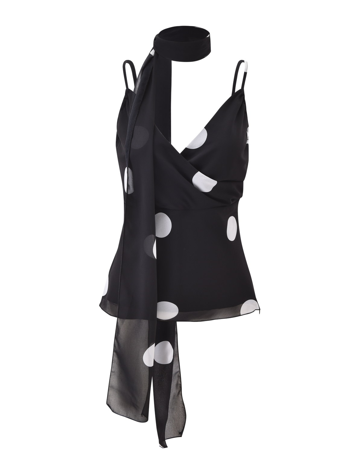 The AYDIN SCARF TOP - BLACK by TIGERMIST is a black polka dot sleeveless cami with adjustable thin straps and an attached sheer scarf collar, made from lightweight, chiffon-like fabric.