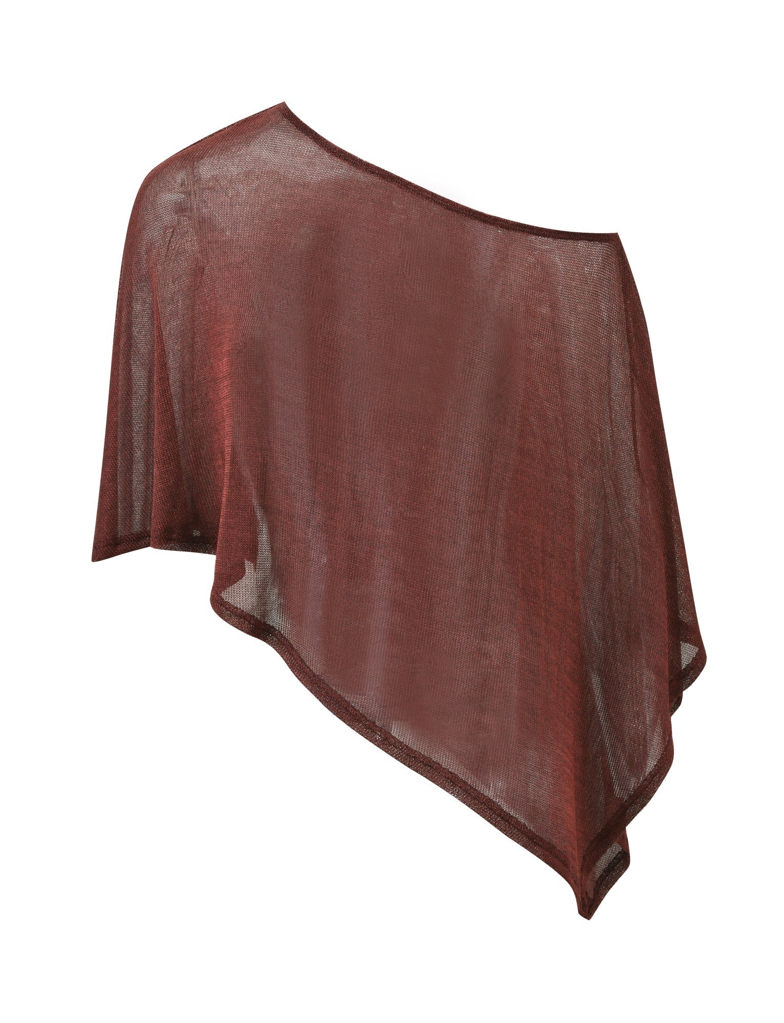 The RAFAELA PONCHO TOP - CHOCOLATE by TIGERMIST features a sheer, asymmetrical silhouette in a metallic chocolate brown hue with an off-shoulder neckline that elegantly exposes one shoulder, displayed against a white background.