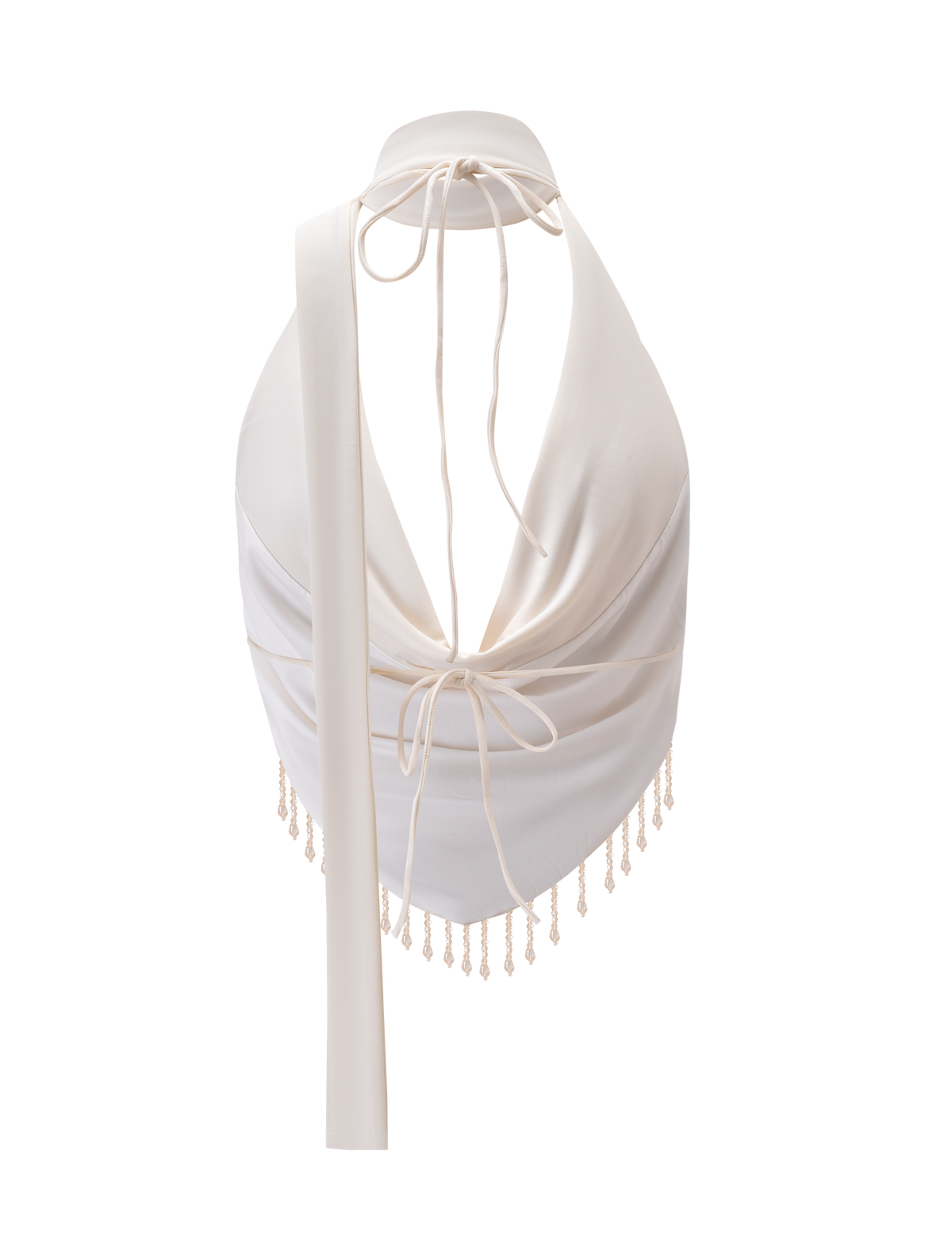 The TIGERMIST AUBRIELLA TASSLE TOP in cream features a halter neck, draped cowl neckline, long back ties, open back, and a beaded tassel trim at the hem.