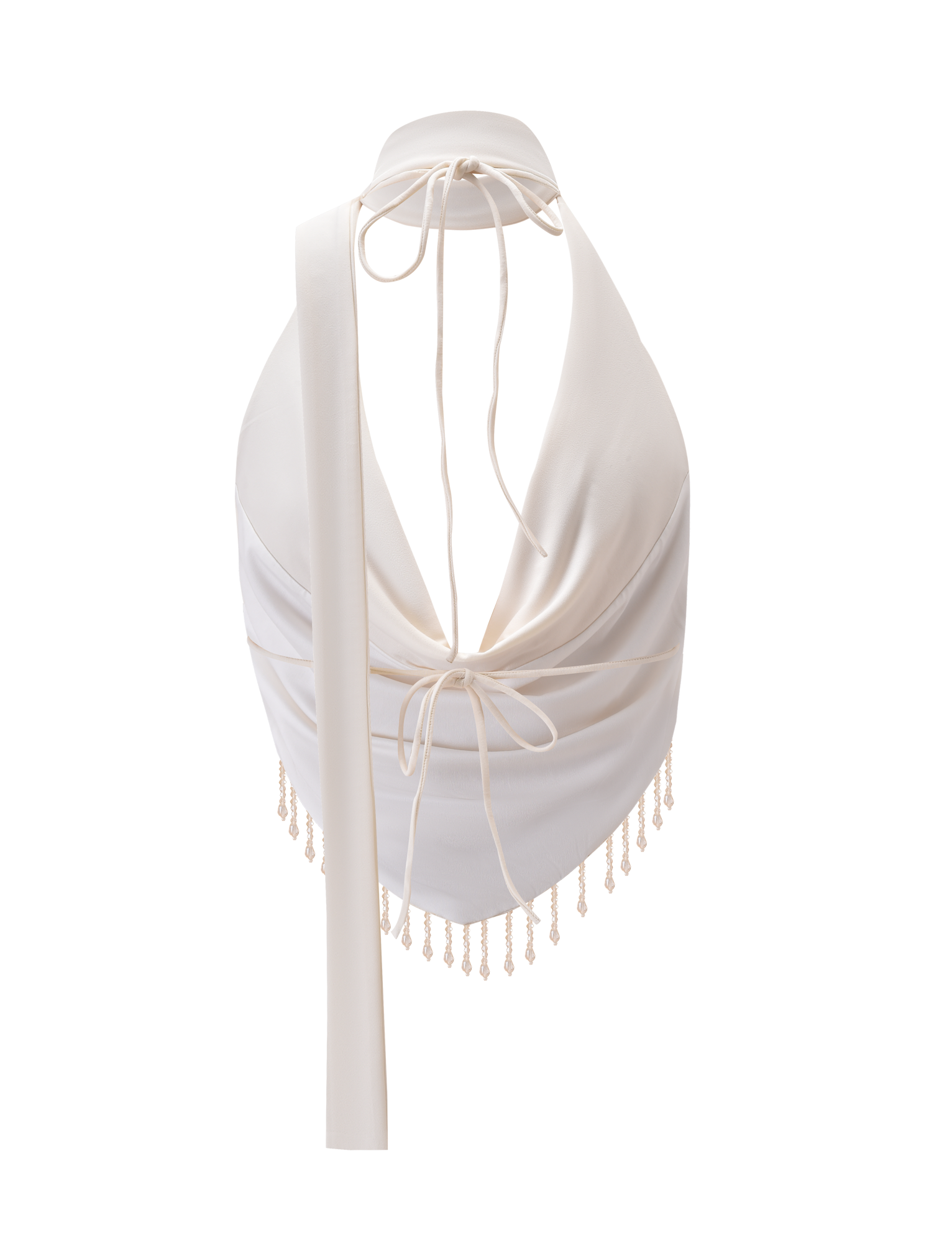 The TIGERMIST AUBRIELLA TASSLE TOP in cream features a halter neck, draped cowl neckline, long back ties, open back, and a beaded tassel trim at the hem.