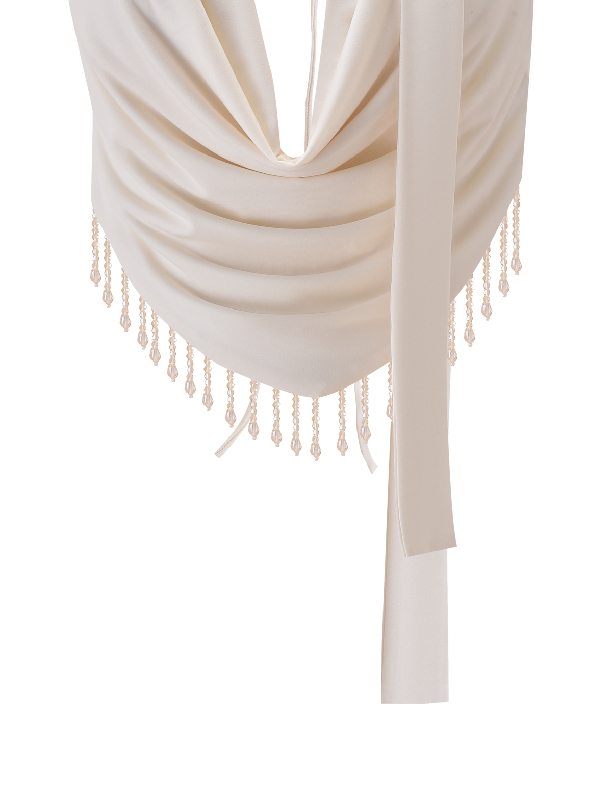 The TIGERMIST AUBRIELLA TASSLE TOP in cream features soft, elegant fabric and a beaded tassel trim along the bottom, shown against a plain white background.