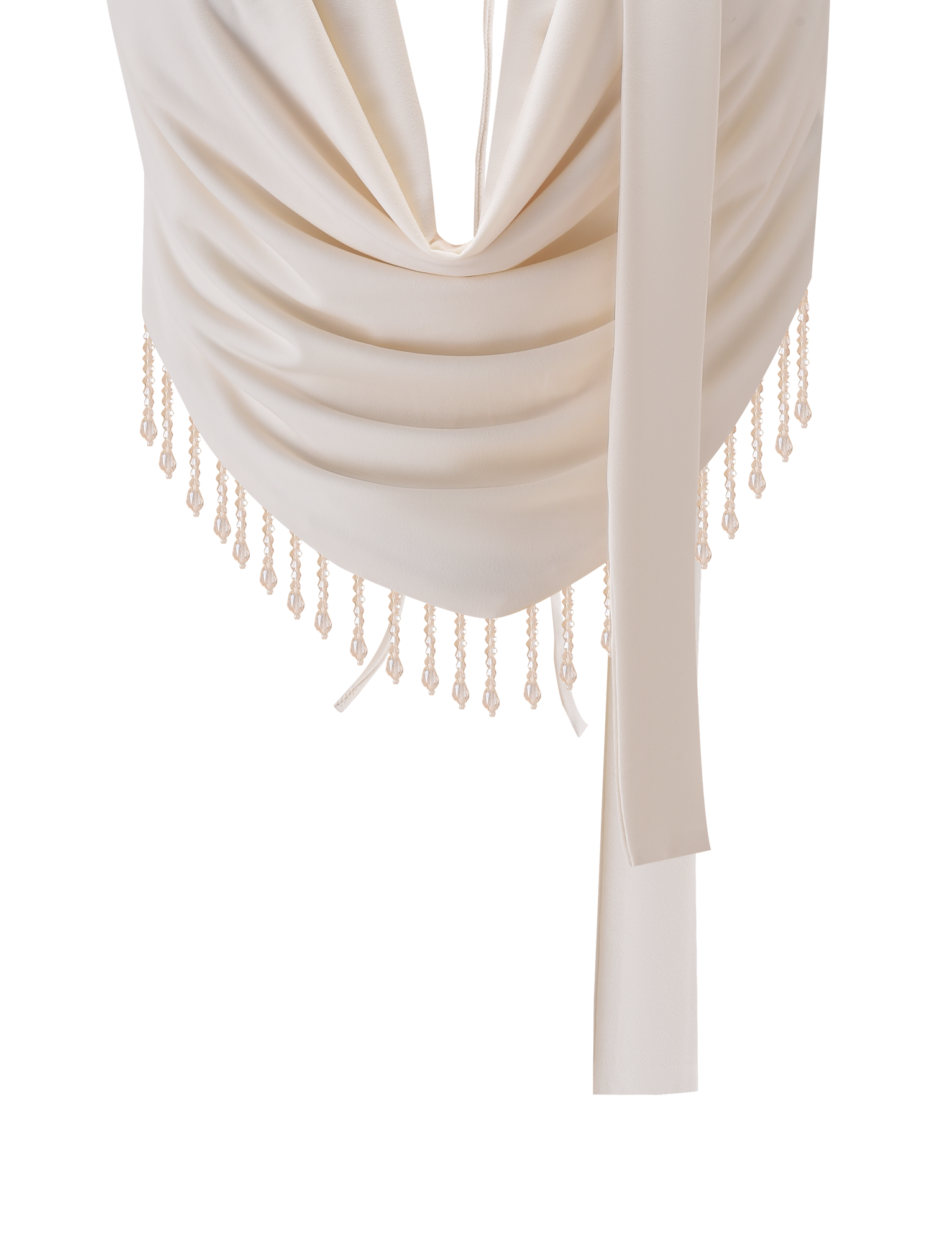 The TIGERMIST AUBRIELLA TASSLE TOP in cream features soft, elegant fabric and a beaded tassel trim along the bottom, shown against a plain white background.