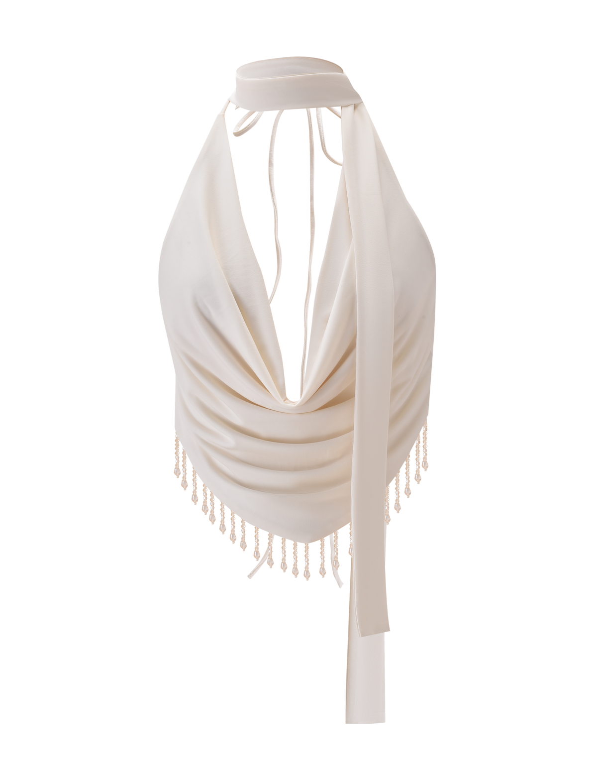The TIGERMIST AUBRIELLA TASSLE TOP in cream features a backless halter design with a draped cowl neckline, long neck sash ties, and beaded tassel trim at the hem for a chic touch.