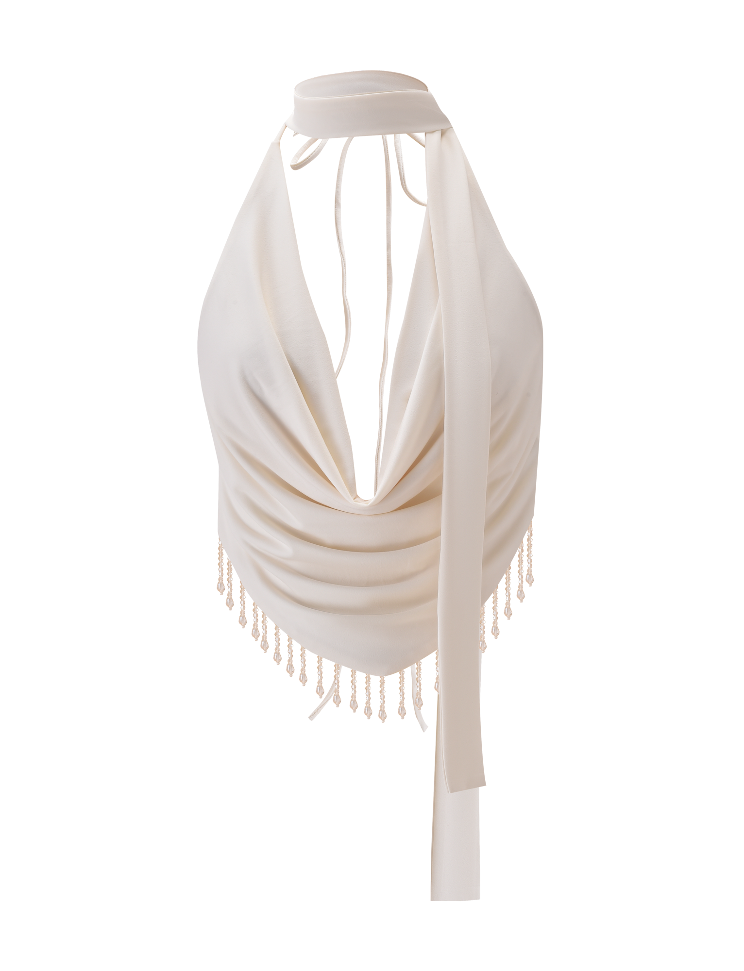 The TIGERMIST AUBRIELLA TASSLE TOP in cream features a backless halter design with a draped cowl neckline, long neck sash ties, and beaded tassel trim at the hem for a chic touch.