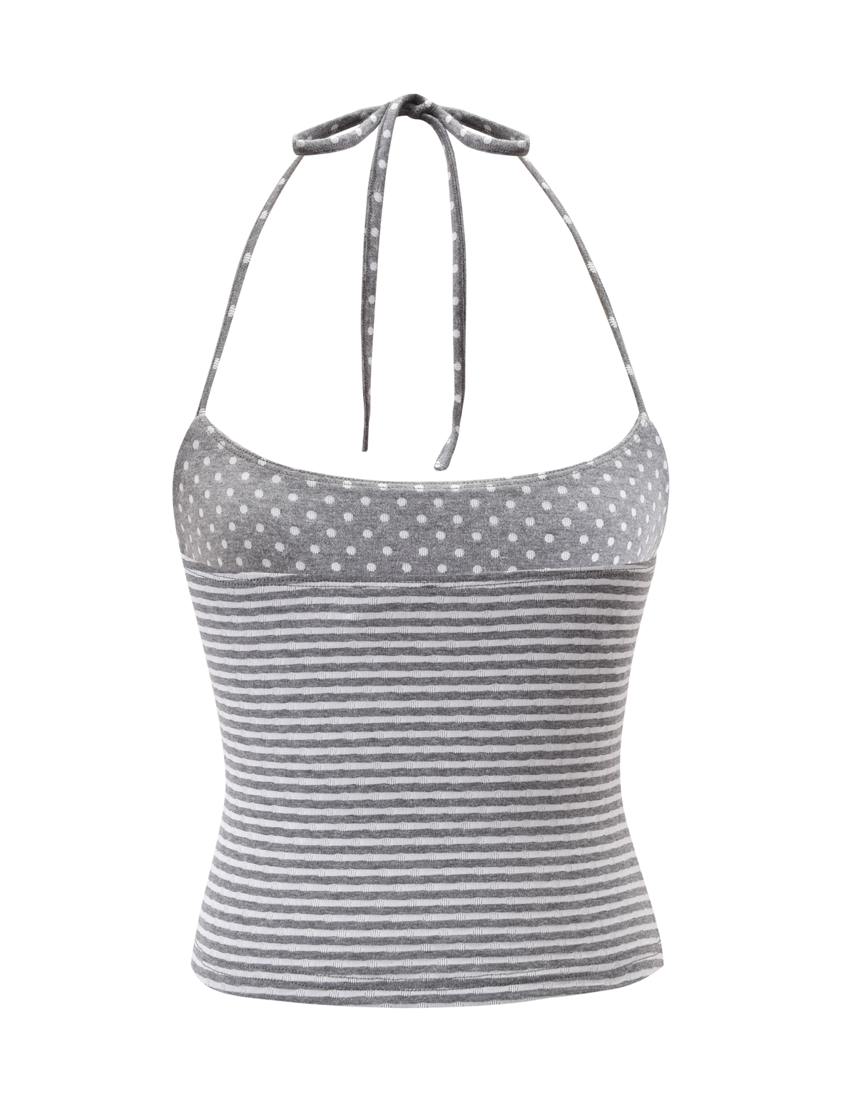 The DASHIELL TOP - HEATHER GREY by TIGERMIST is a gray and white rib-knit halter with adjustable neck ties, playful polka dots on the chest, and contrast stripes below. Shown on a plain white background.