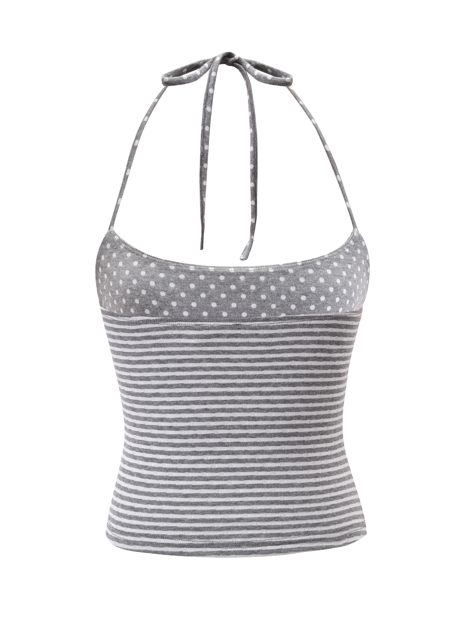 The DASHIELL TOP - HEATHER GREY by TIGERMIST is a gray and white rib-knit halter with adjustable neck ties, playful polka dots on the chest, and contrast stripes below. Shown on a plain white background.