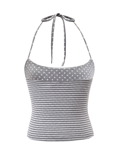 The DASHIELL TOP - HEATHER GREY by TIGERMIST is a gray and white rib-knit halter with adjustable neck ties, playful polka dots on the chest, and contrast stripes below. Shown on a plain white background.