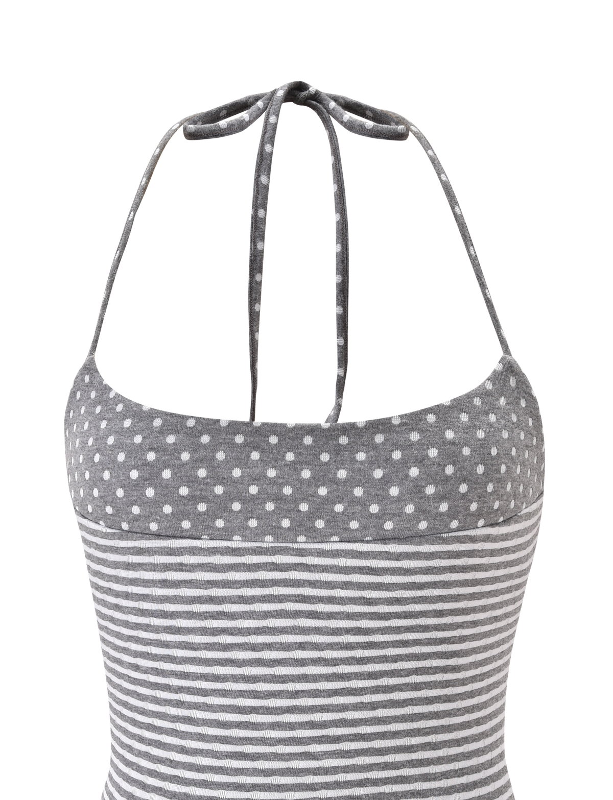 The DASHIELL TOP by TIGERMIST is a heather grey rib knit halter top with adjustable neck ties, featuring white polka dots on the upper section and horizontal white stripes on the lower part.