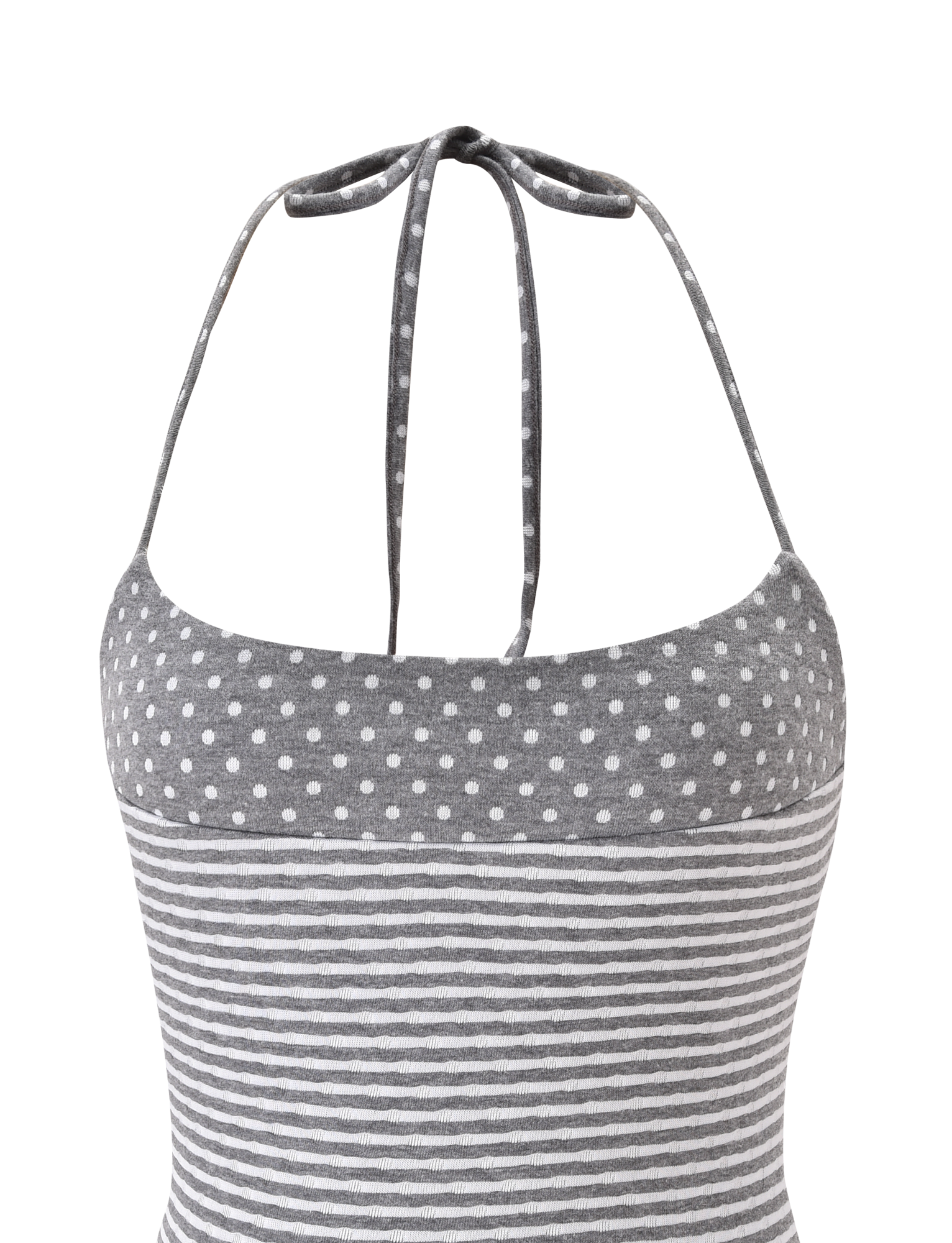 The DASHIELL TOP by TIGERMIST is a heather grey rib knit halter top with adjustable neck ties, featuring white polka dots on the upper section and horizontal white stripes on the lower part.