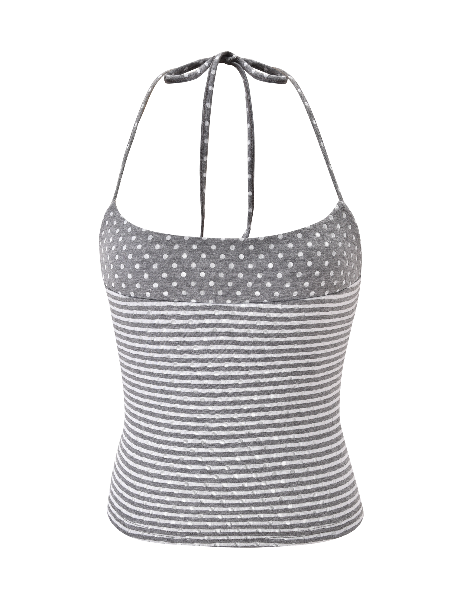 The DASHIELL TOP by TIGERMIST is a heather grey rib knit halter with adjustable neck ties, featuring white polka dots above contrast stripes.