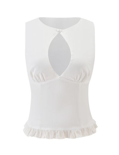 The ANIYA KEYHOLE TOP by TIGERMIST is a sleeveless white top with a front keyhole cutout, small button neckline closure, ruched bust, ruffle hem, and lightweight ribbed fabric.