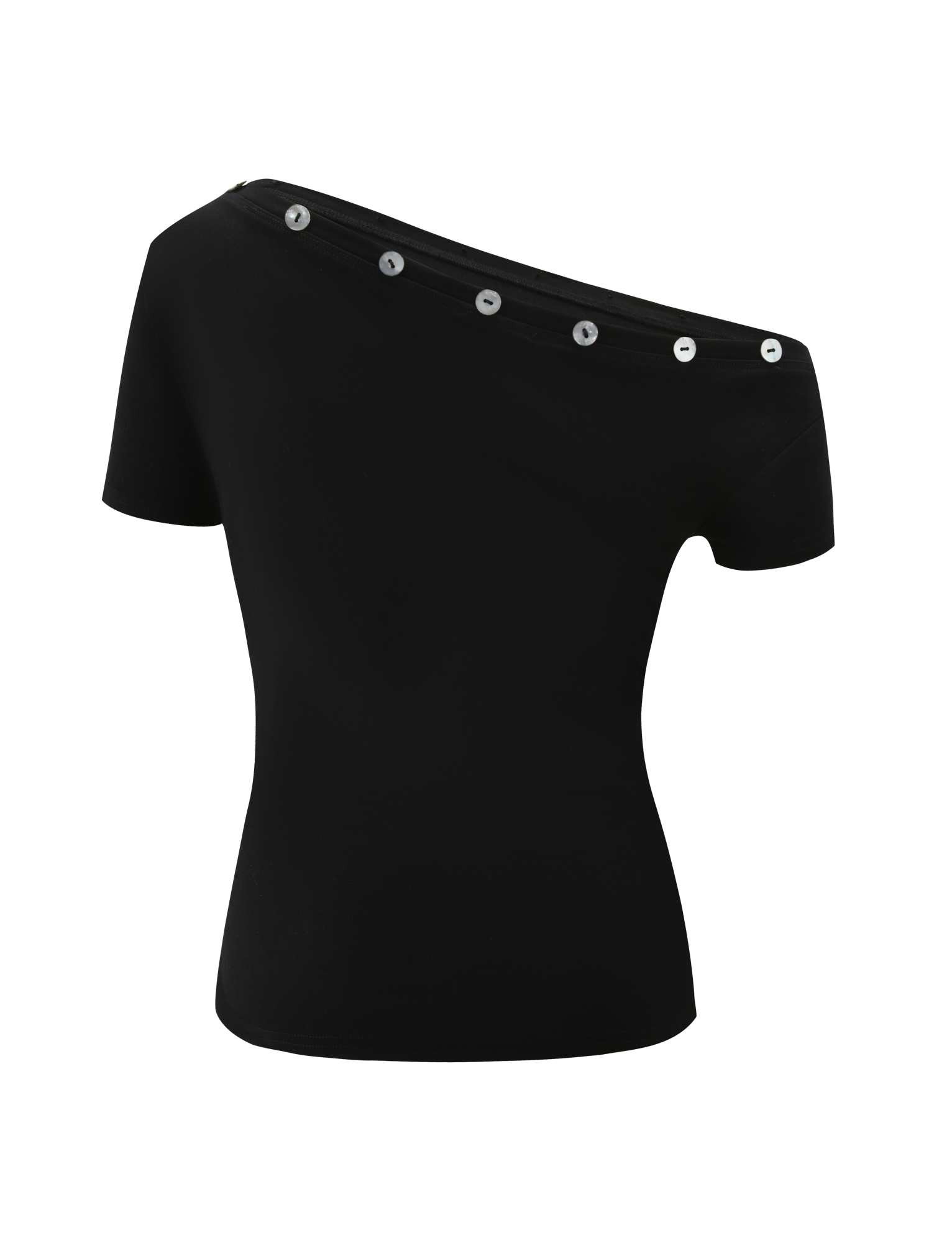 The MARITA TOP - BLACK by TIGERMIST is a black off-the-shoulder tee with a sleek fit and silver buttons along its asymmetrical neckline, shown against a plain white background.