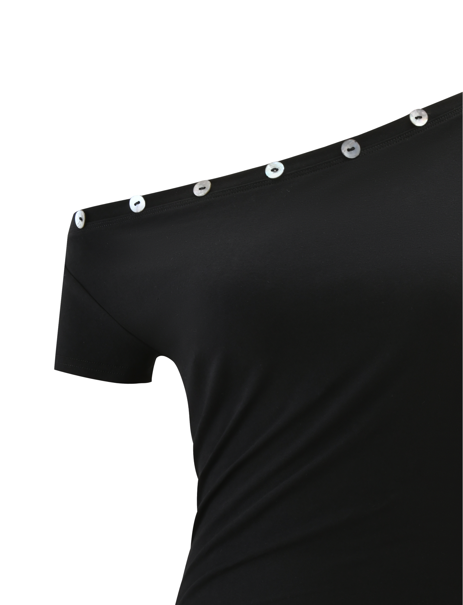 A close-up of the MARITA TOP - BLACK by TIGERMIST, an off-the-shoulder tee with a sleek silhouette and shiny silver sequins accenting the neckline.